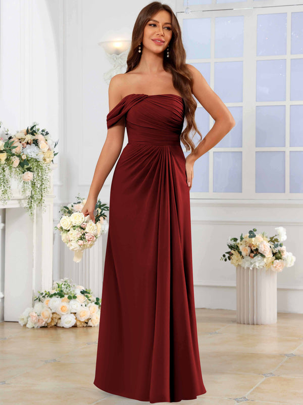 One Shoulder Off The Shoulder Pleated Chiffon Bridesmaid Dress
