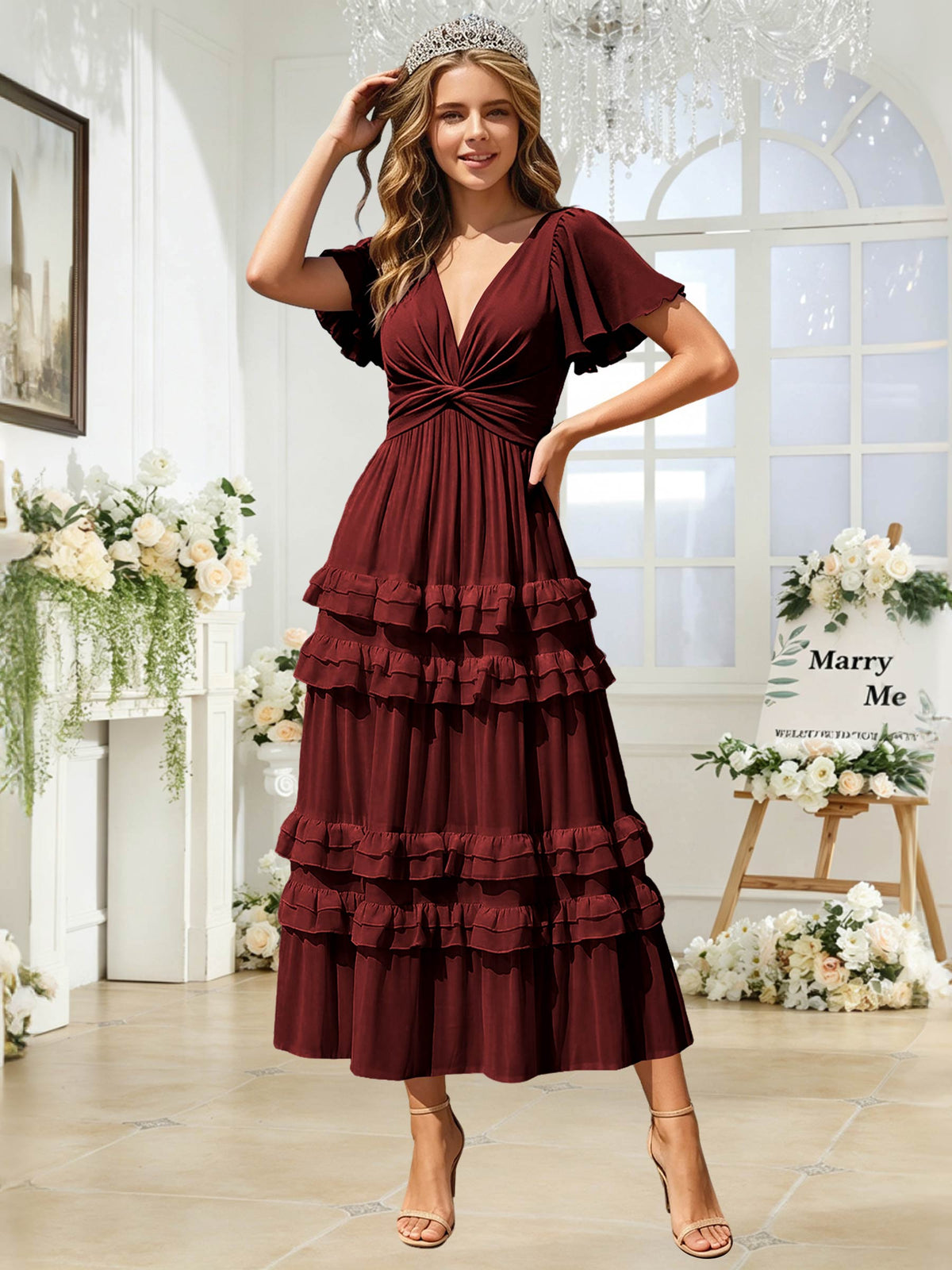 A Line Chiffon Pleated Bridesmaid Dress with Sleeves