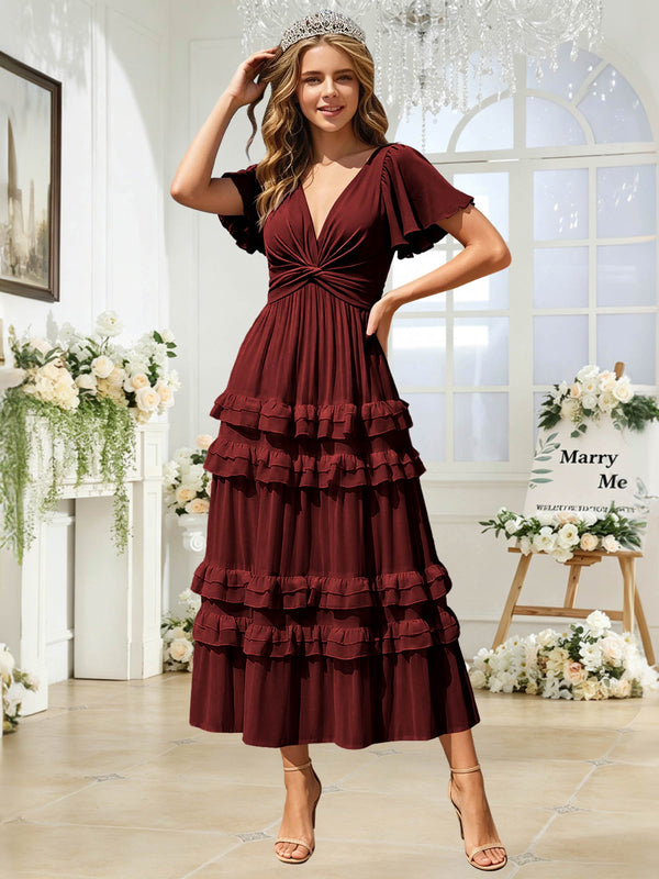 A Line Chiffon Pleated Bridesmaid Dress with Sleeves