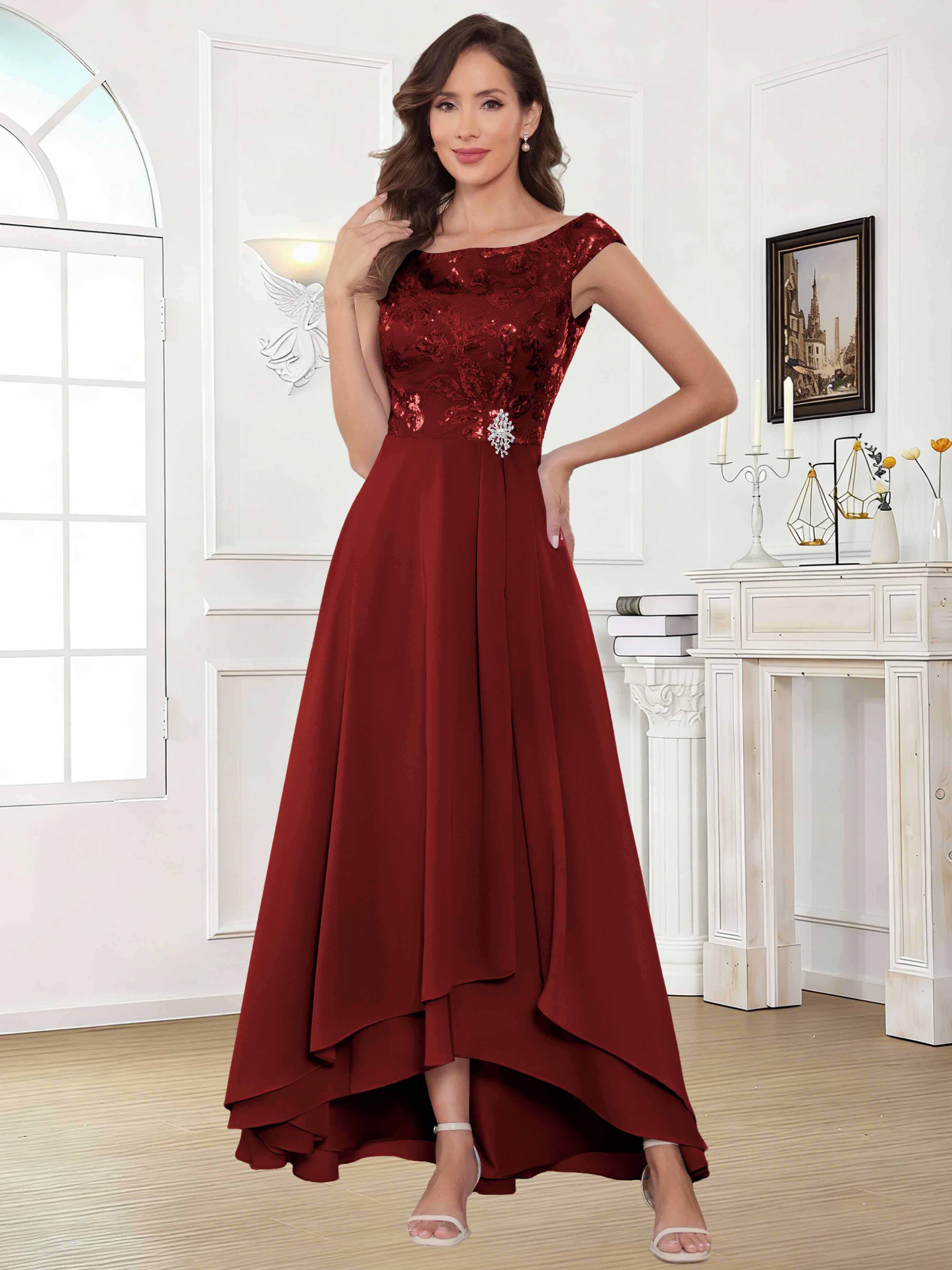 ROVDESY Tea Length Off-The-Shoulder Sequin Chiffon Mother Of The Bride Dress