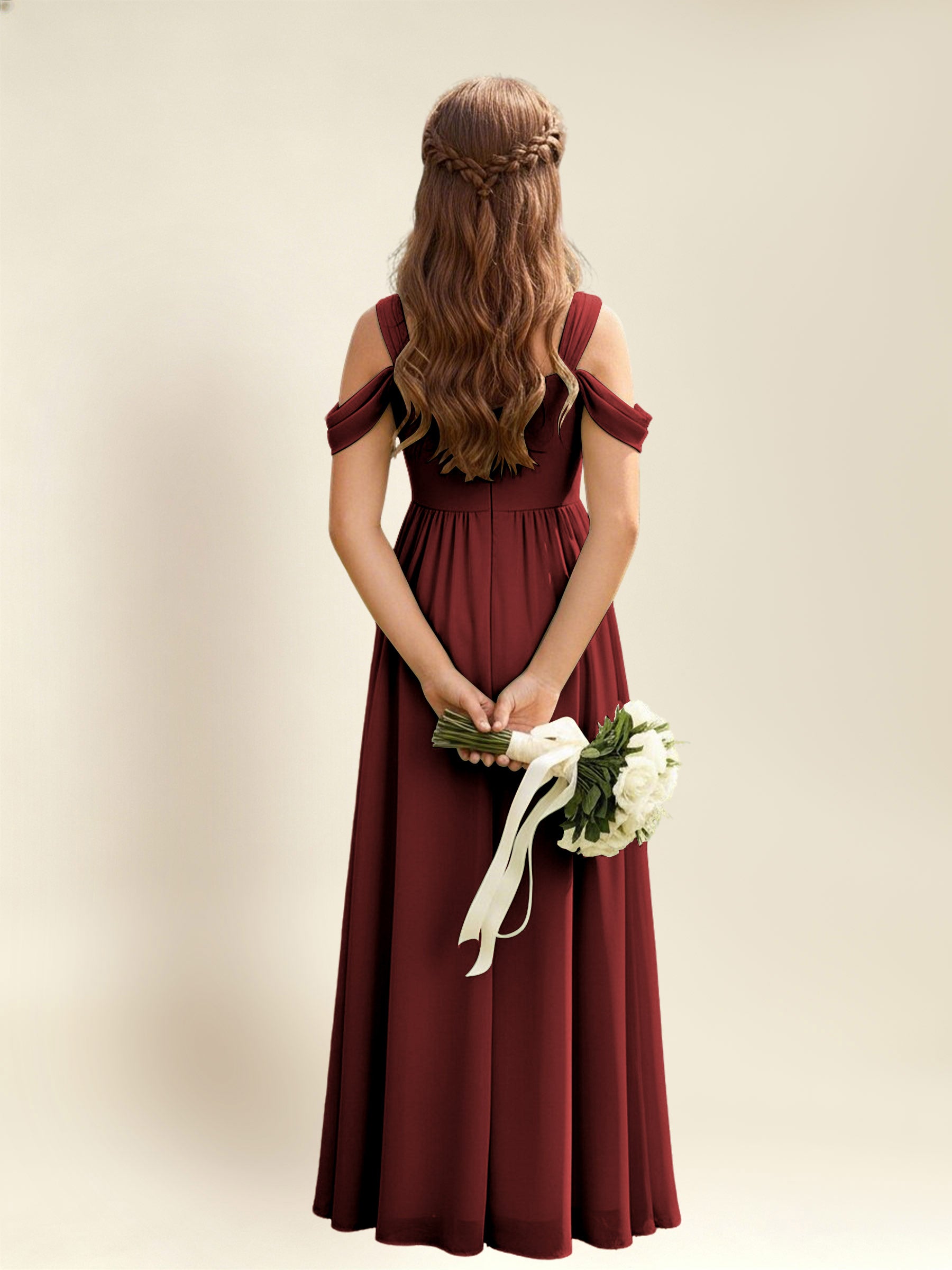 ROVDESY A-Line Off The Shoulder Pleated Chiffon Junior Bridesmaid Dress