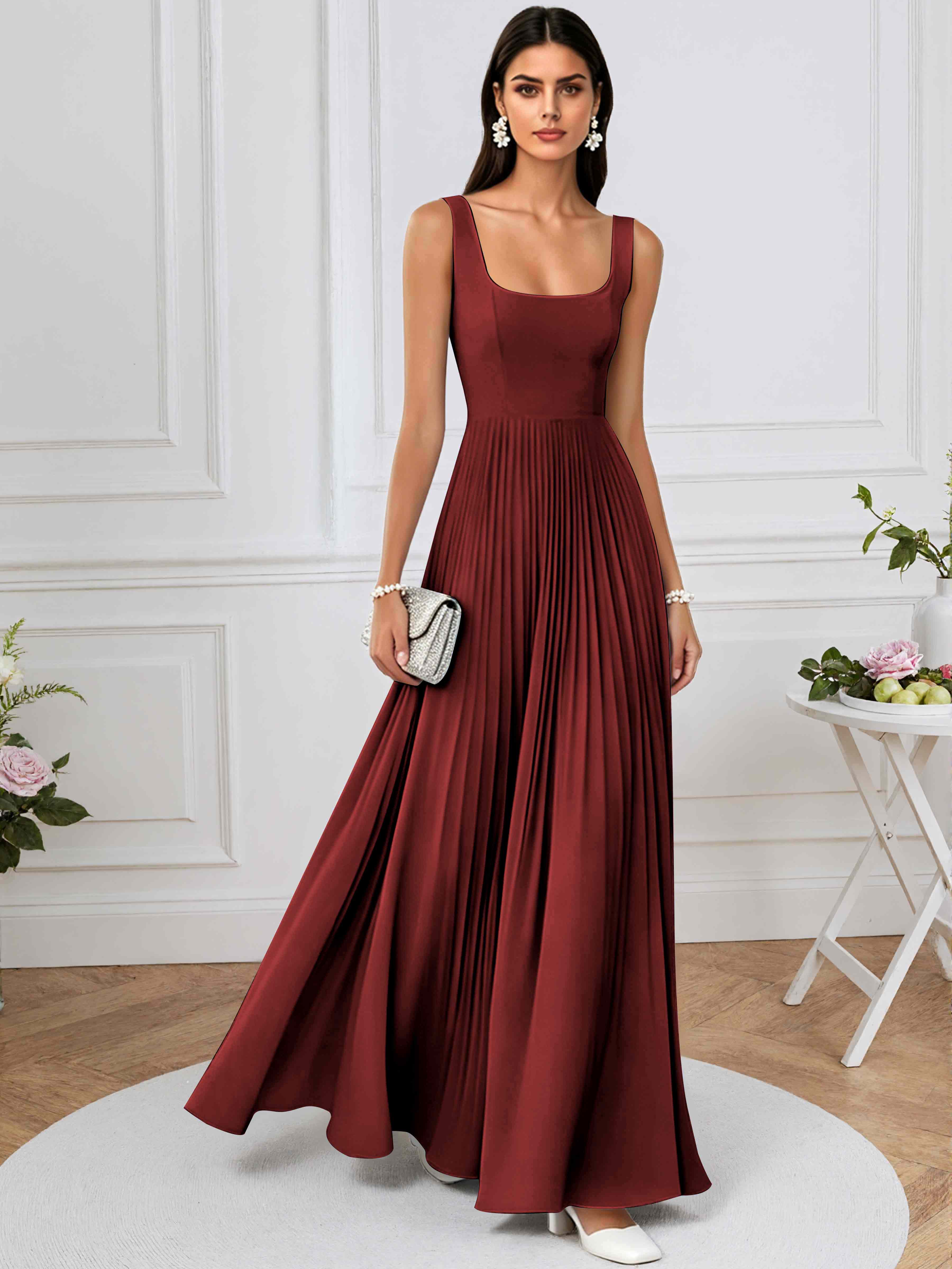 ROVDESY A-Line Square Neck Pleated Chiffon Long Bridesmaid/Prom Dress