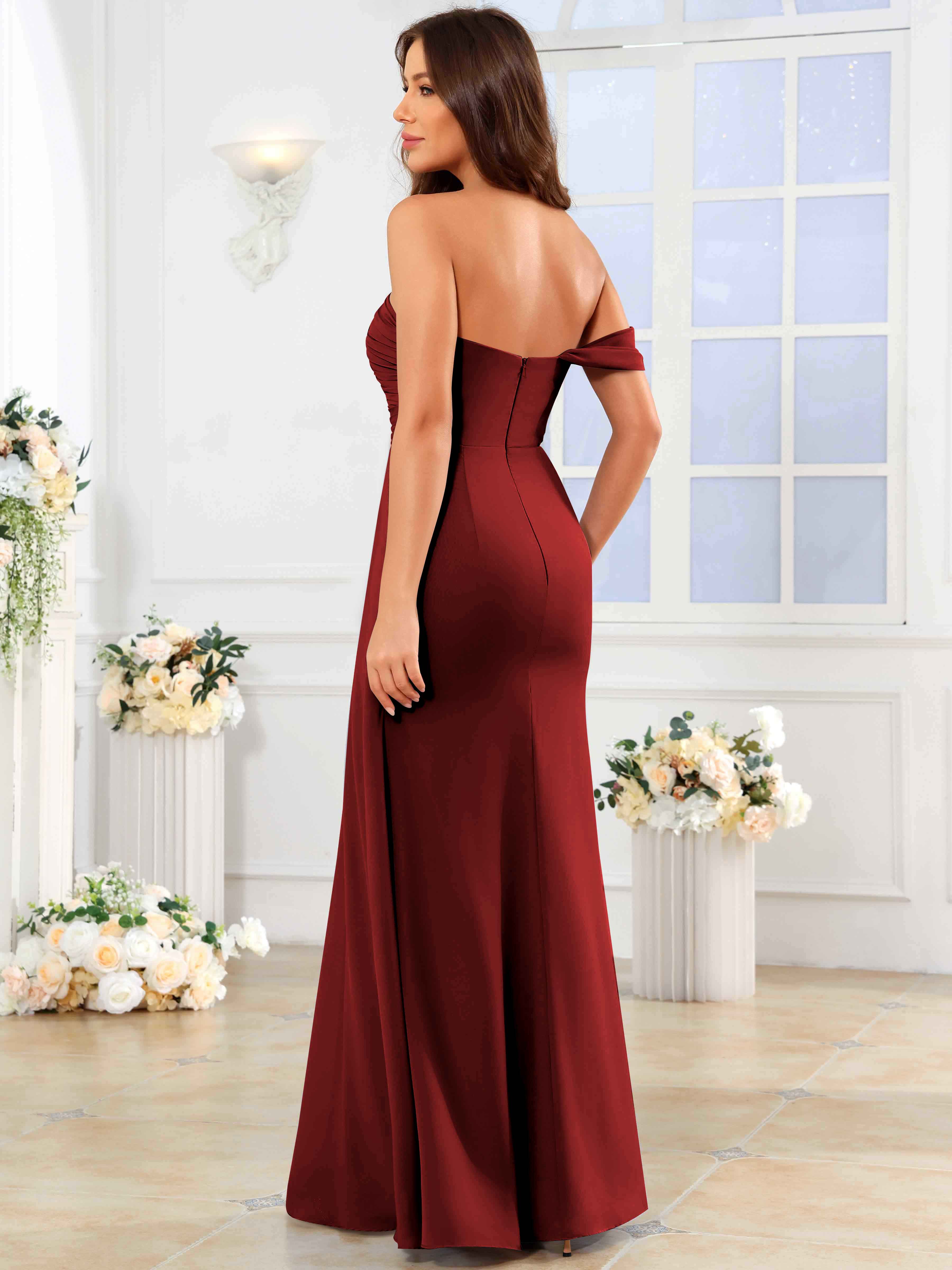 ROVDESY One Shoulder Off The Shoulder Pleated Chiffon Bridesmaid Dress