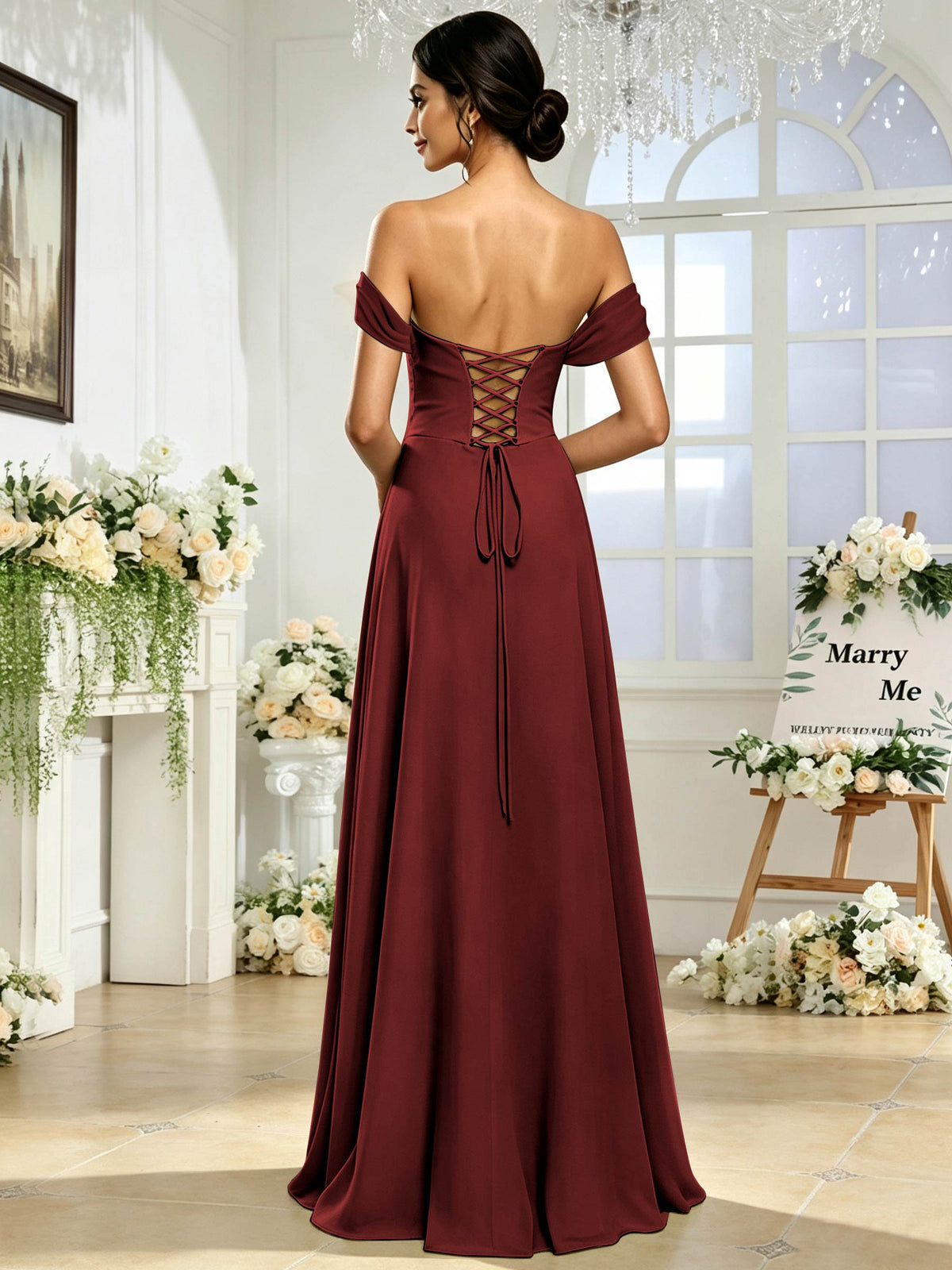 Off the Shoulder Chiffon A Line Long Bridesmaid Dress with Slit