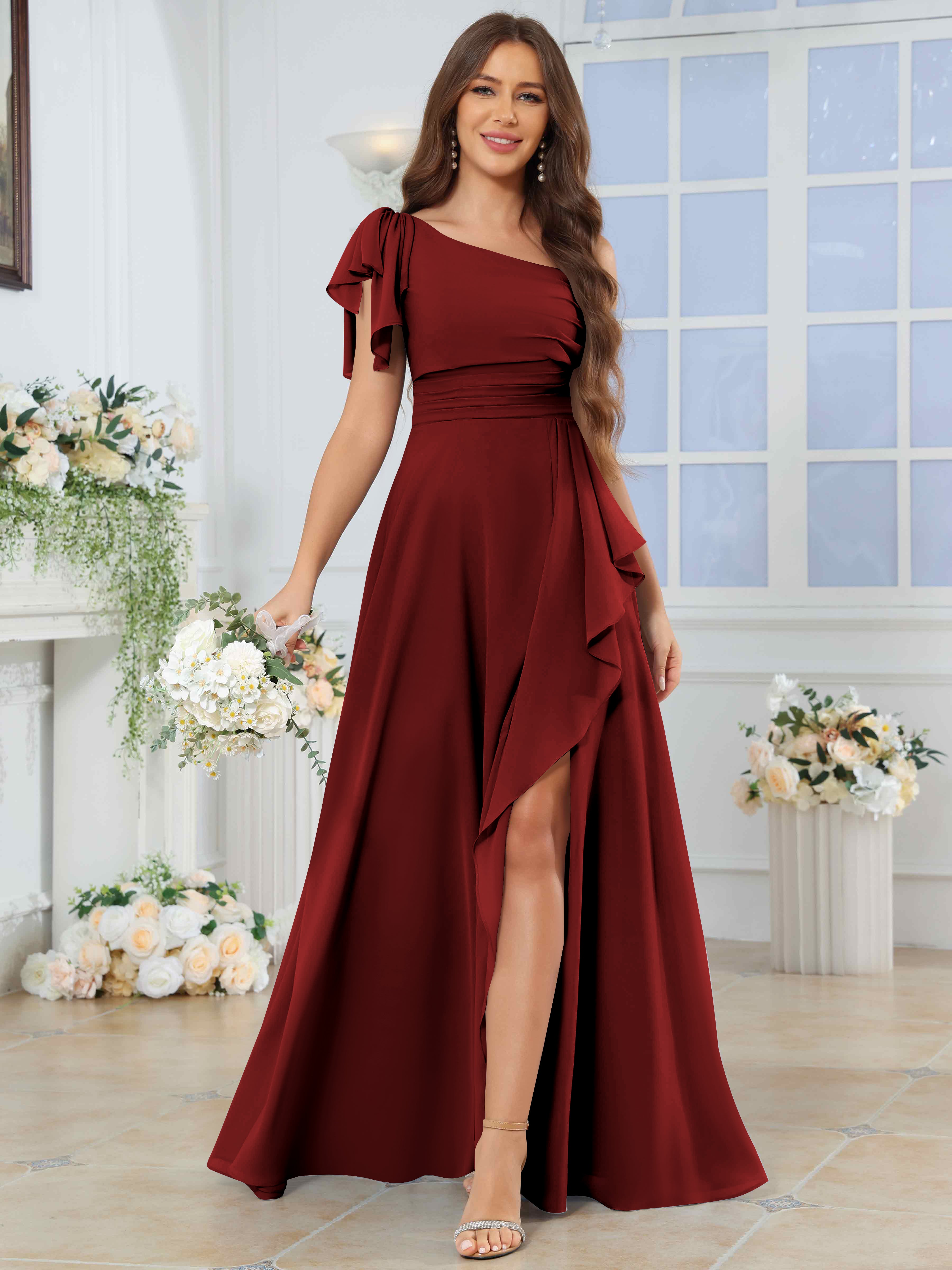ROVDESY One Shoulder Pleated Ruffle Chiffon Bridesmaid Dress With Slit
