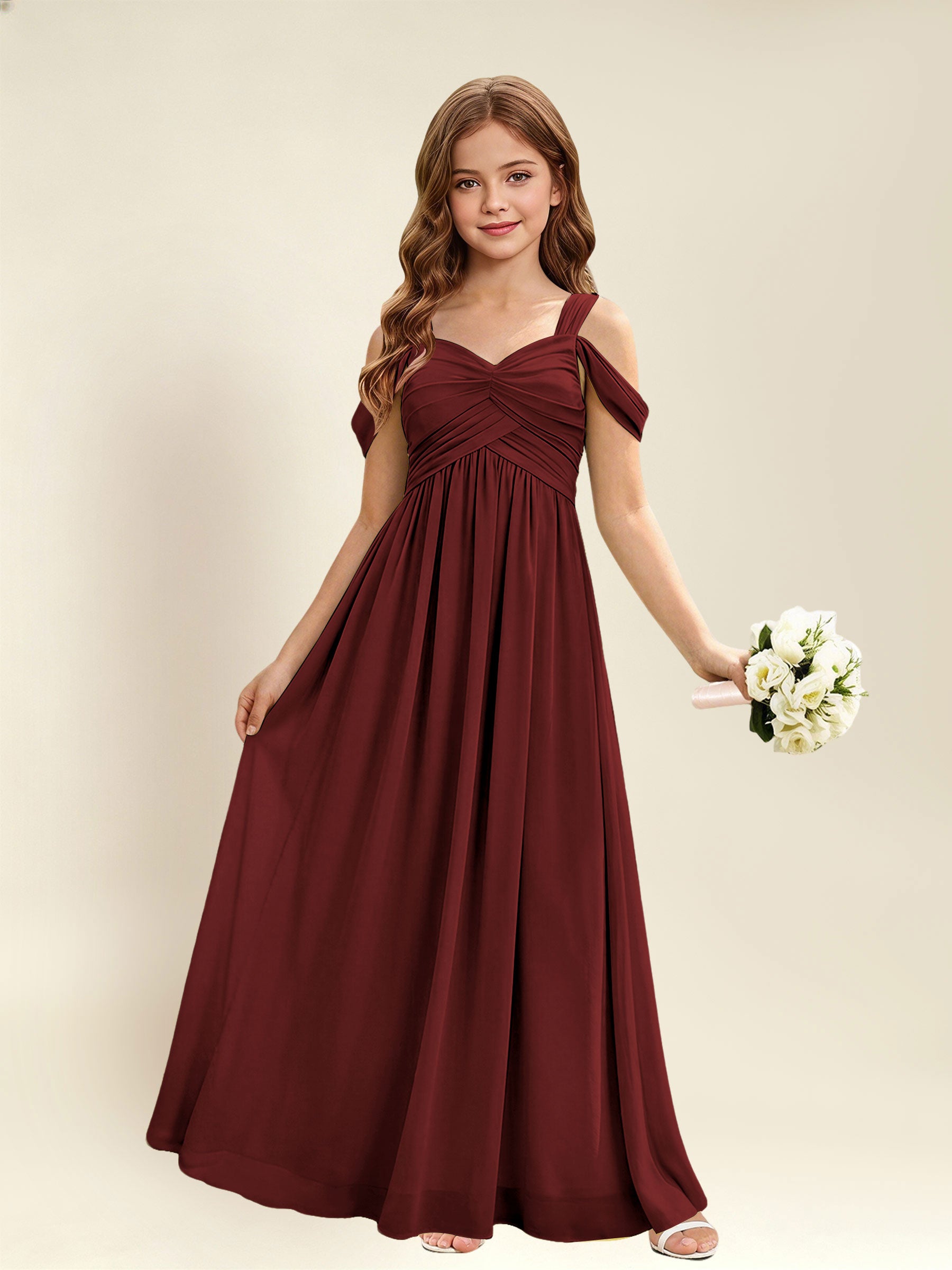 ROVDESY A-Line Off The Shoulder Pleated Chiffon Junior Bridesmaid Dress