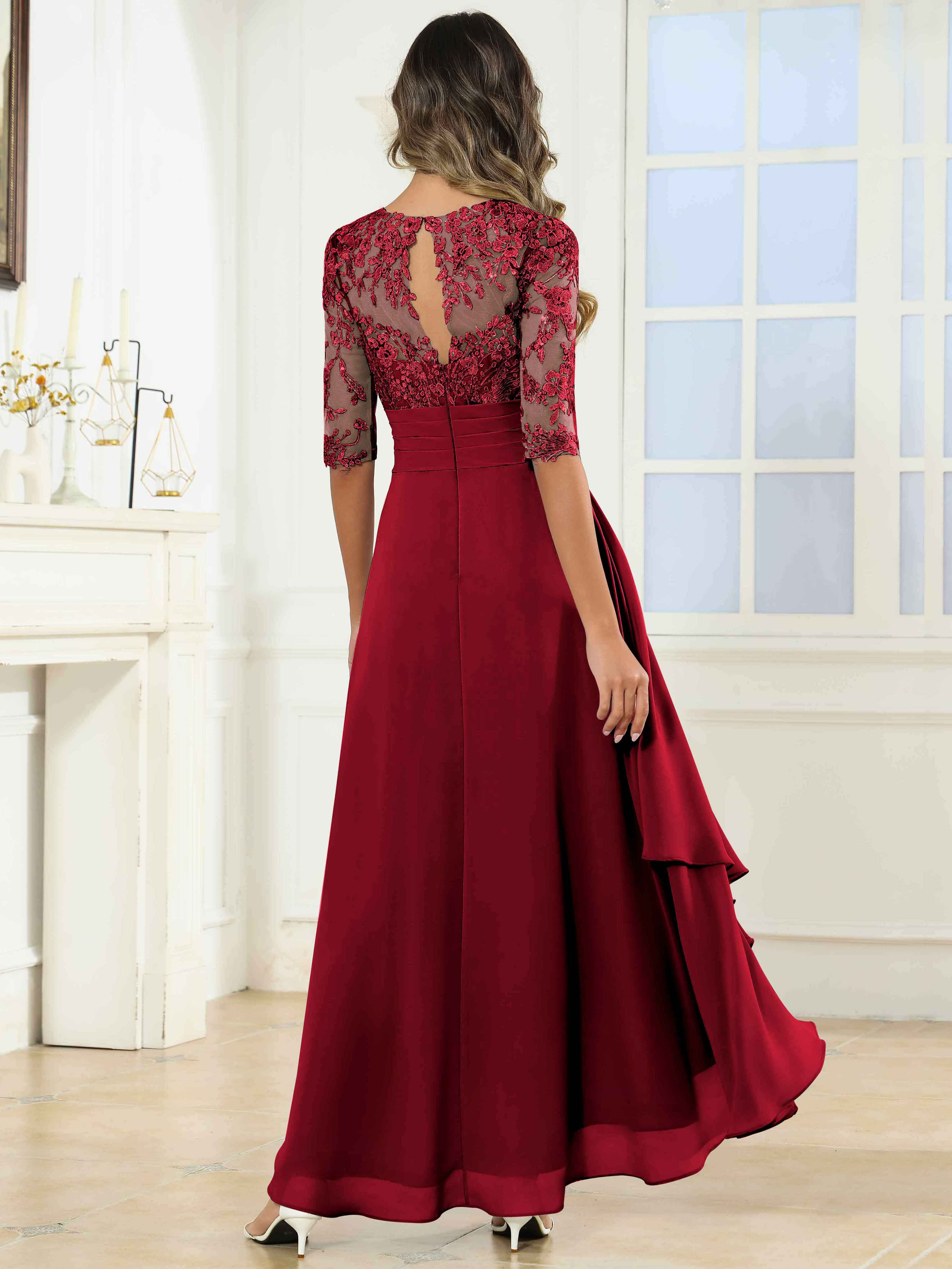ROVDESY Tea Length A-Line Lace Chiffon Mother Of The Bride Dress With Half Sleeves