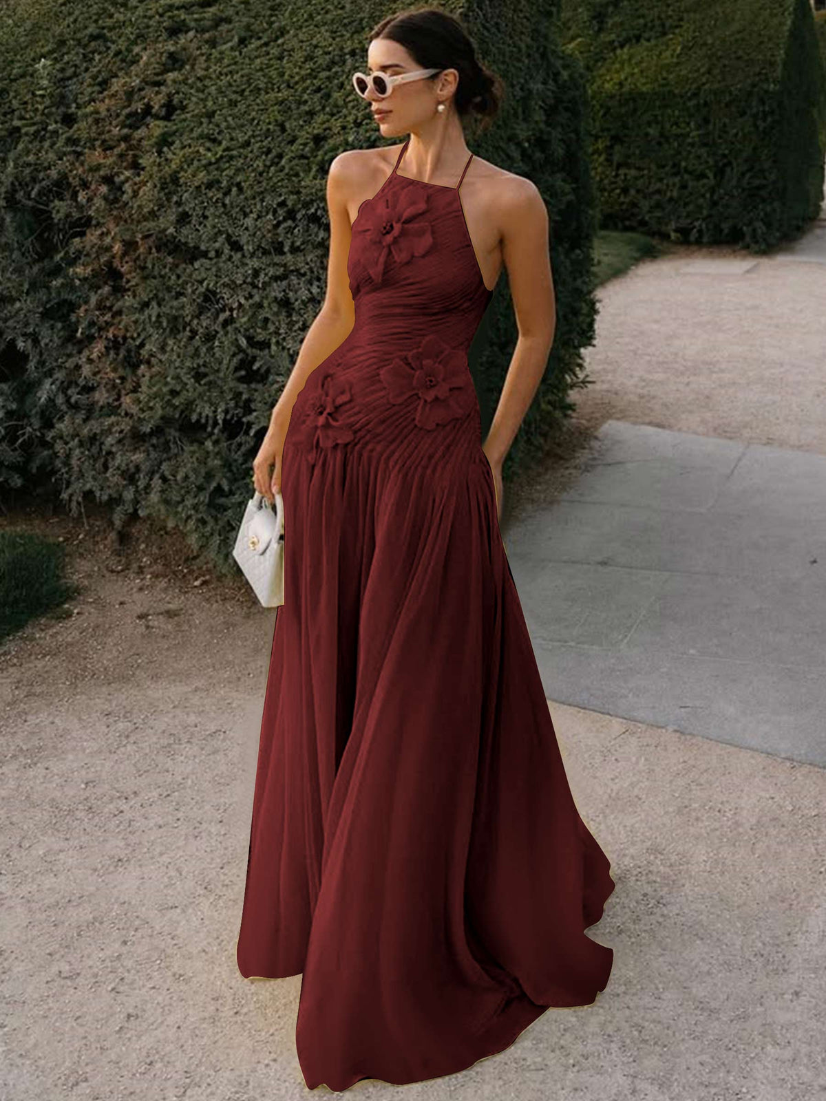 Halter Long Pleated Chiffon Prom Dress with 3D Flower
