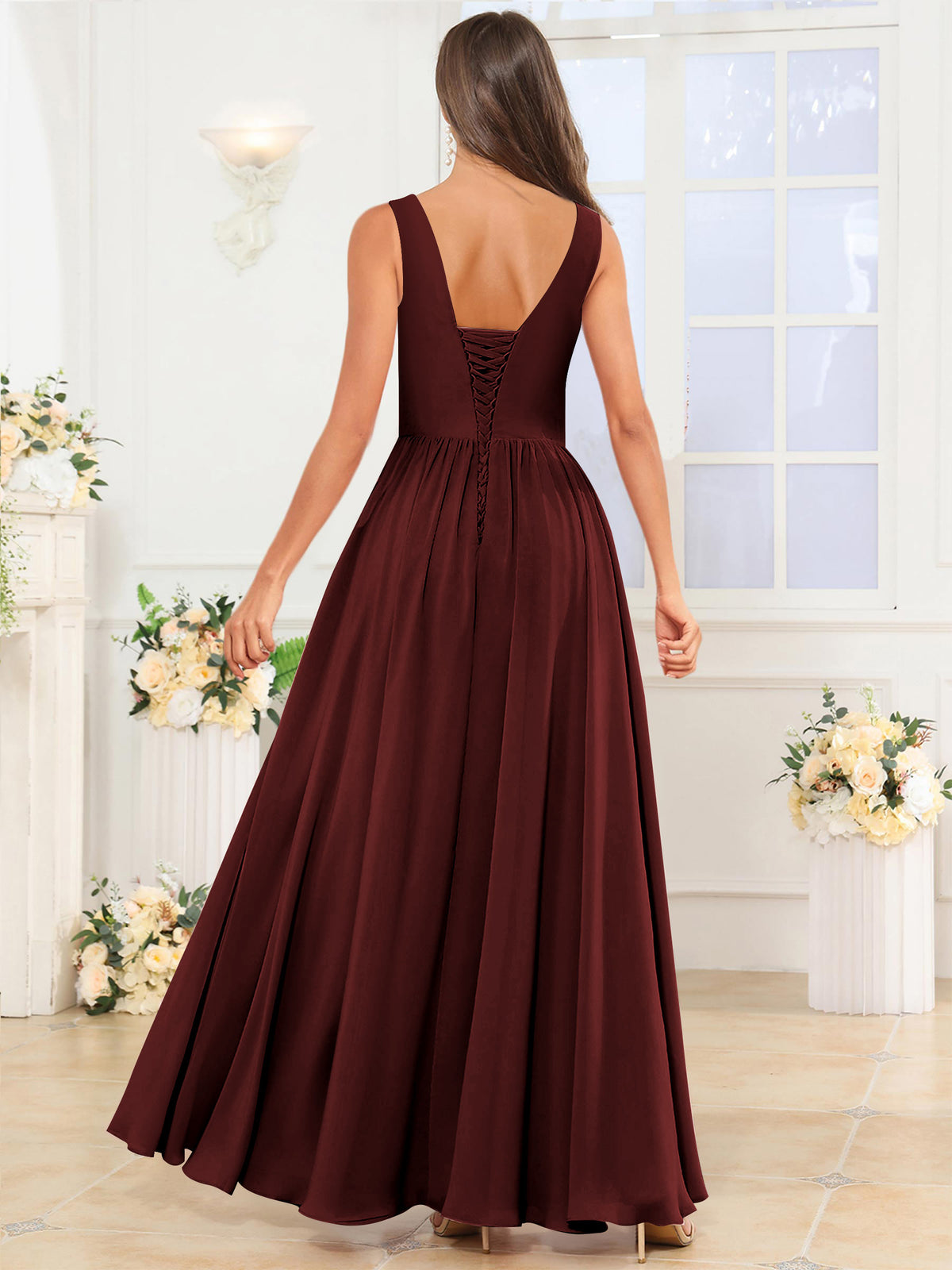 V Neck Chiffon A Line Bridesmaid Dress with Slit