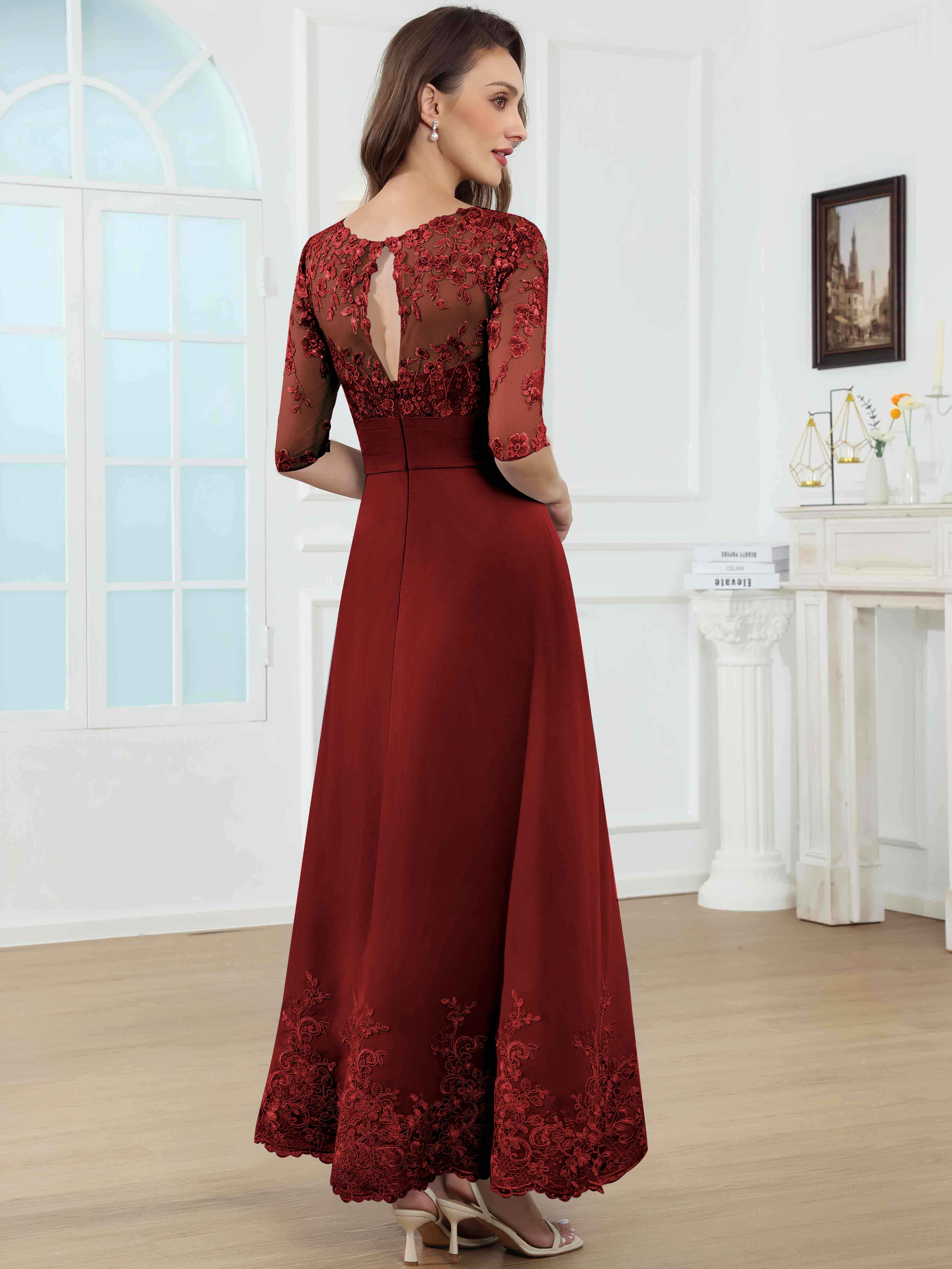 ROVDESY A-Line Lace Sequin Pleated Chiffon Mother Of The Bride Dress With Half Sleeves
