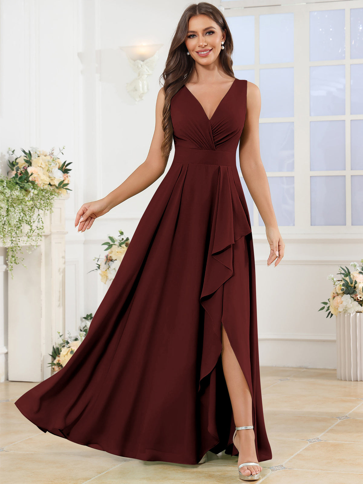 V Neck Chiffon A Line Ruffle Bridesmaid Dress with Slit
