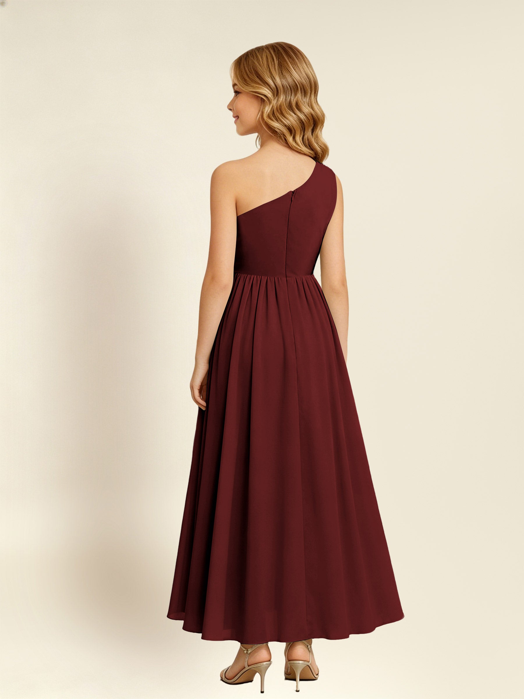 ROVDESY One Shoulder Twist Waist Chiffon Junior Bridesmaid Maxi Dress