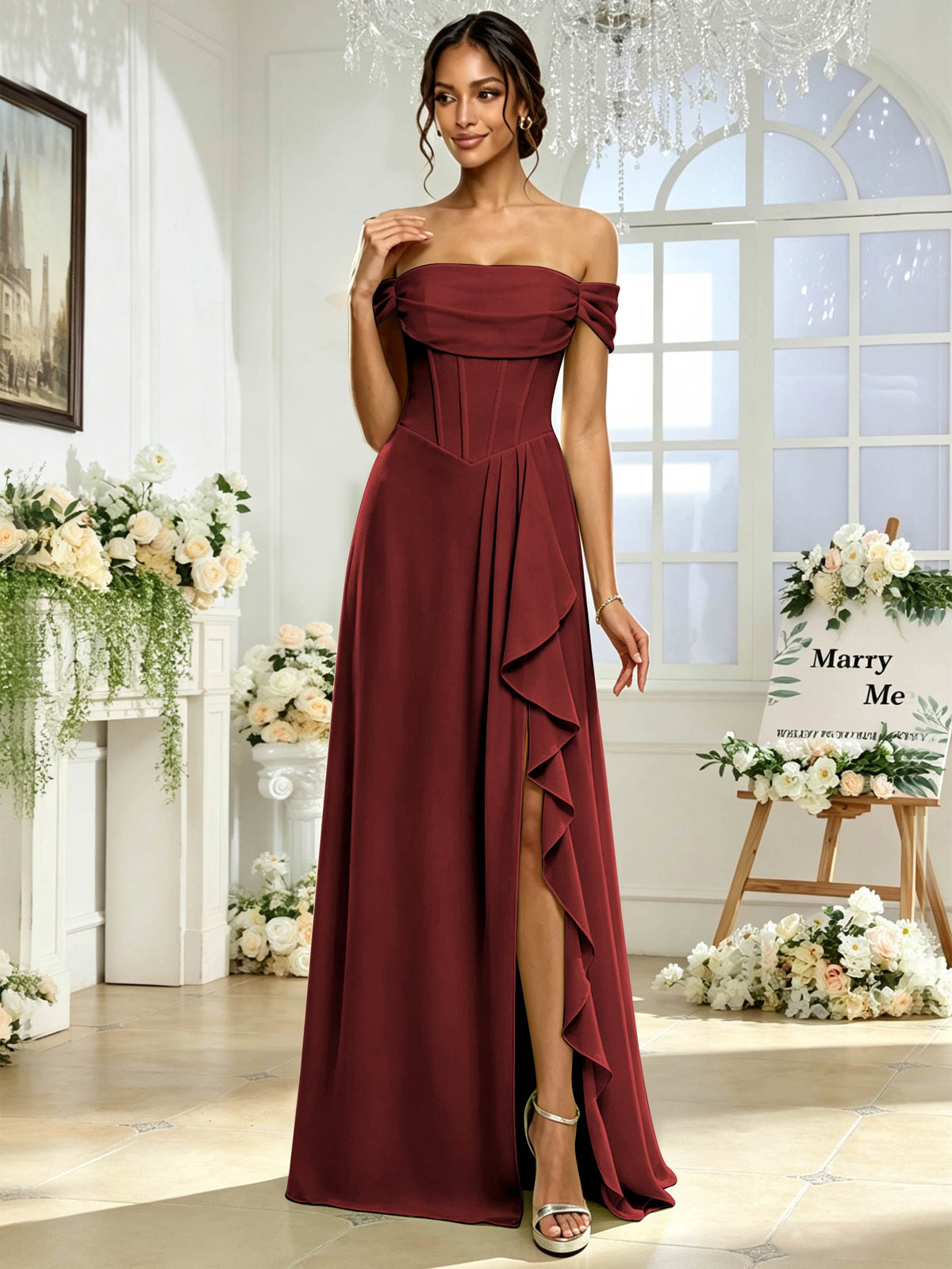 Off the Shoulder Chiffon A Line Long Bridesmaid Dress with Slit