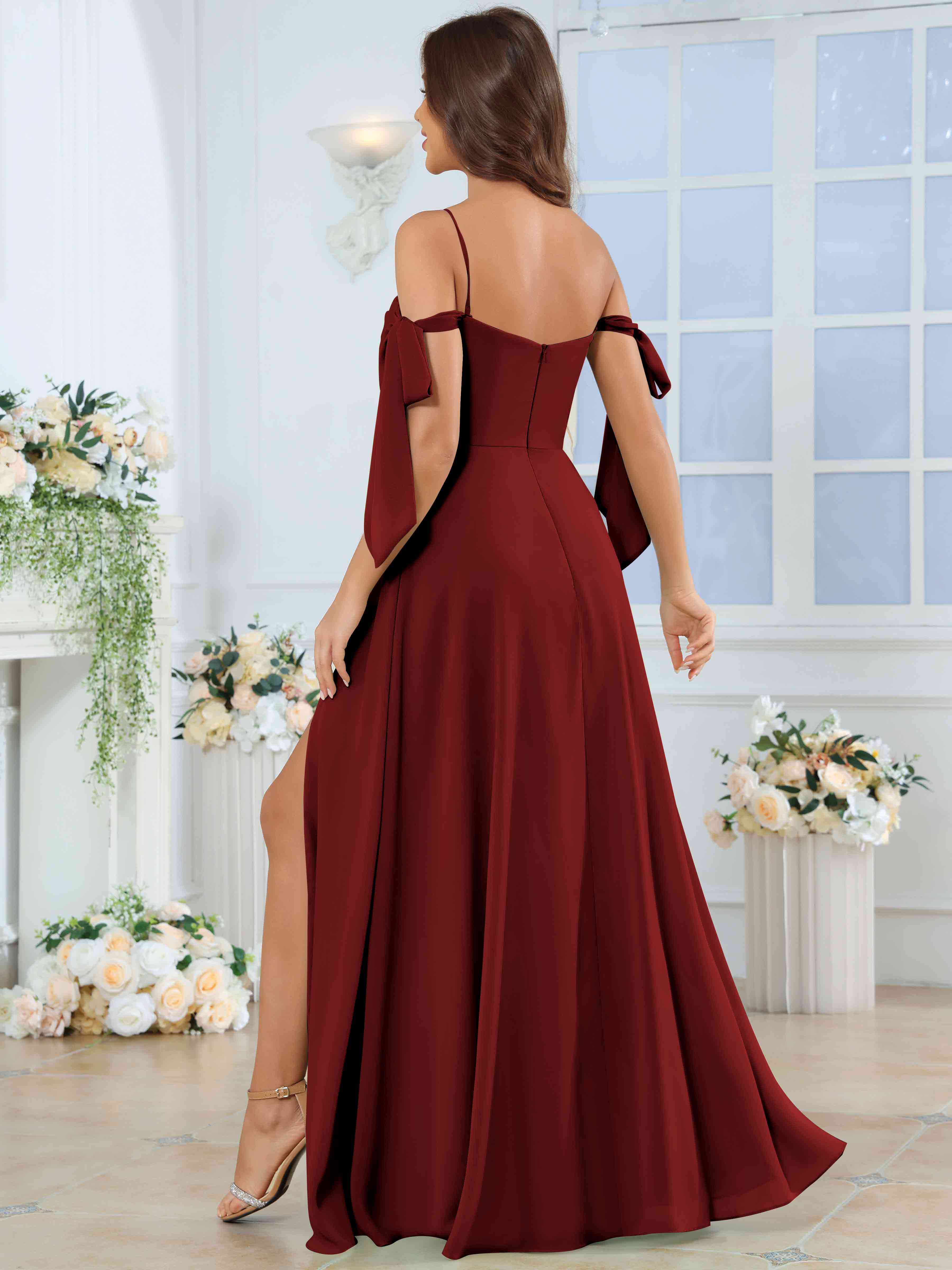 ROVDESY Spaghetti Strap Pleated Ruffle Slit Chiffon Bridesmaid Dress With Bow Sleeves