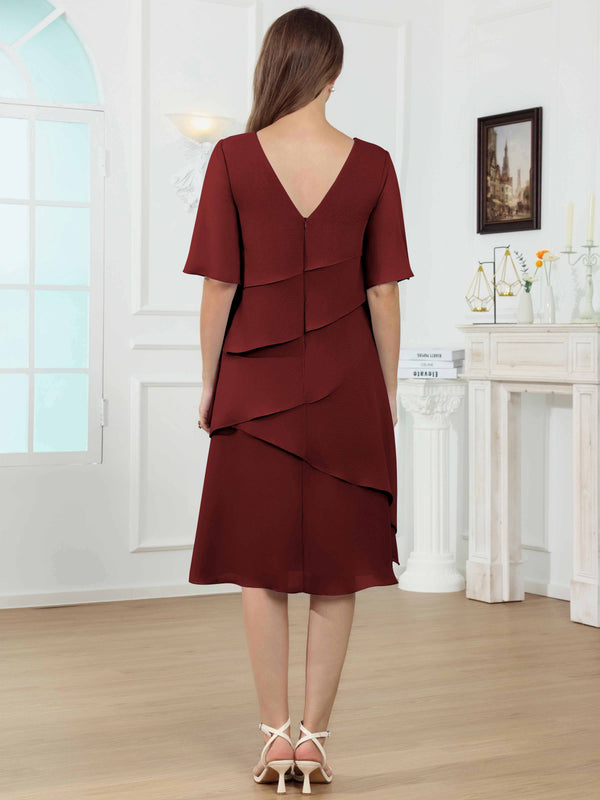 Knee Length Tiered Ruffle Chiffon Mother Of The Bride Dress With Half Sleeves