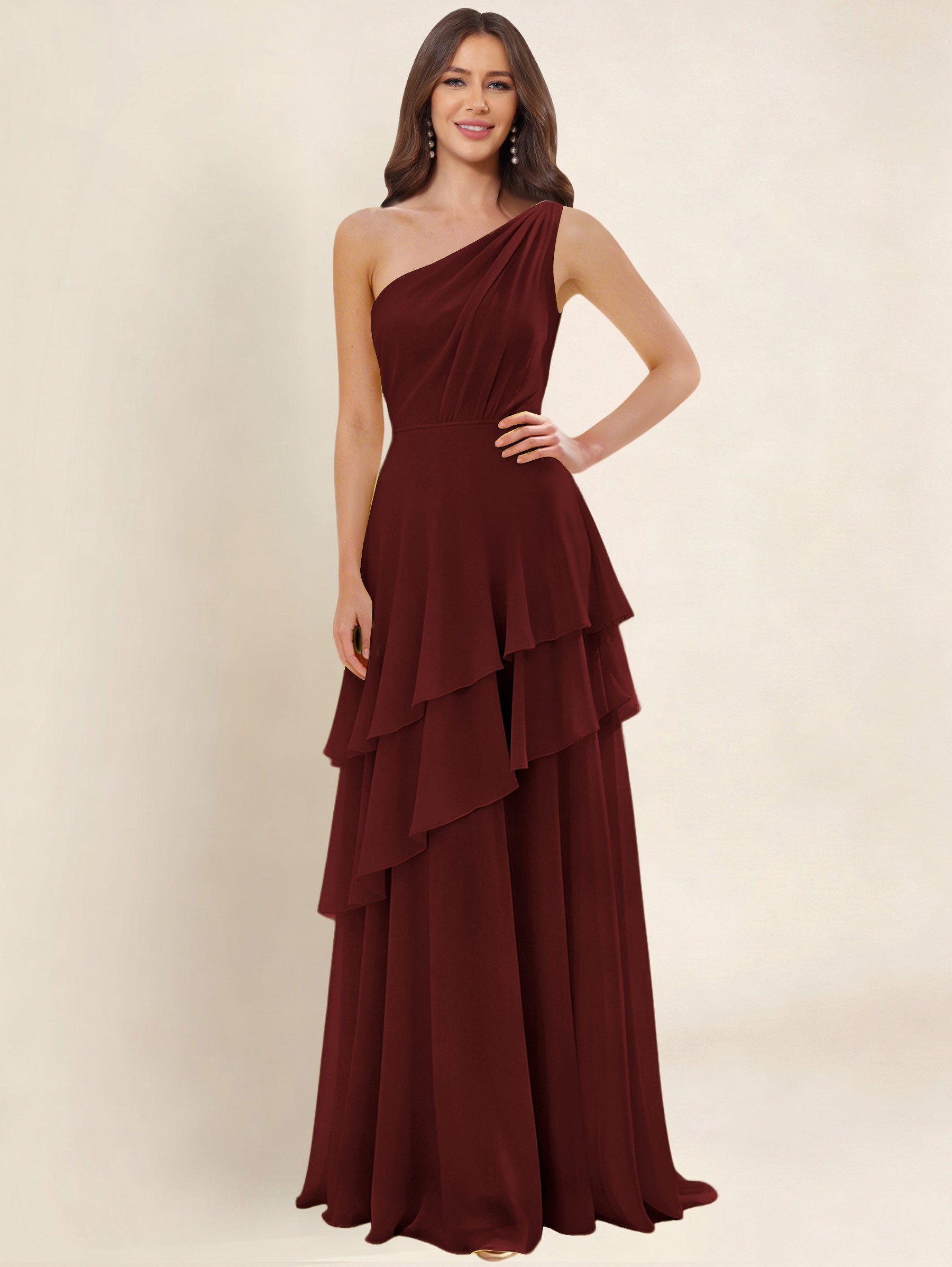 ROVDESY A-Line One Shoulder Pleated Tiered Chiffon Bridesmaid Dress