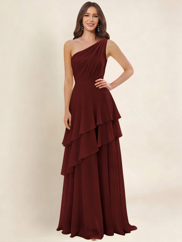 A-Line One Shoulder Pleated Tiered Chiffon Bridesmaid Dress