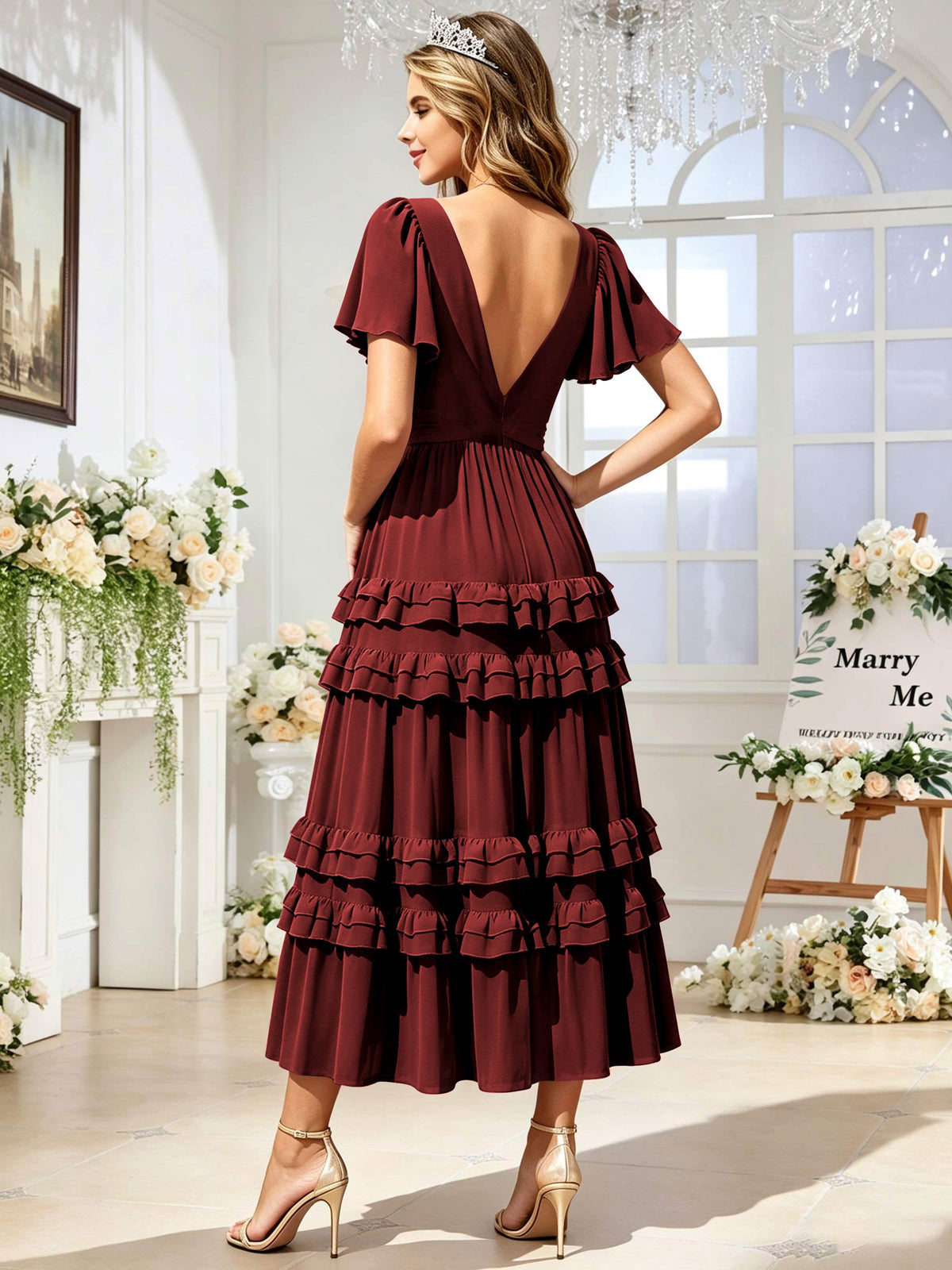 A Line Chiffon Pleated Bridesmaid Dress with Sleeves