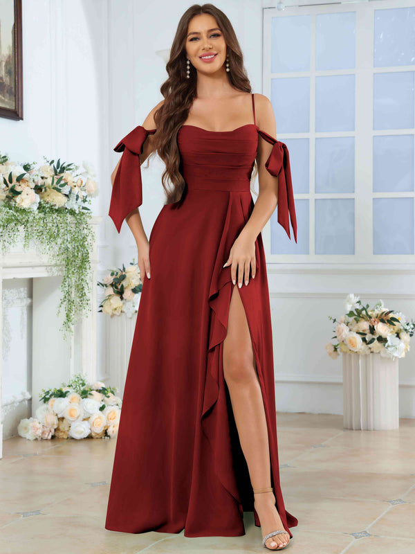 Spaghetti Strap Pleated Ruffle Slit Chiffon Bridesmaid Dress With Bow Sleeves