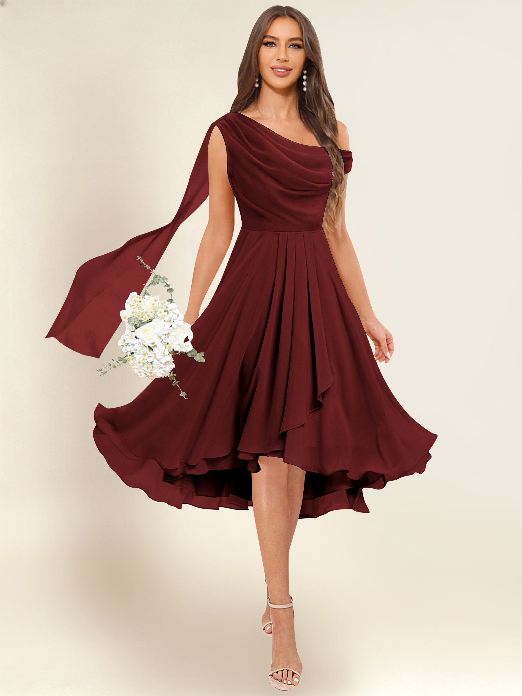 ROVDESY A-Line One Shoulder Pleated Chiffon Bridesmaid Dress With Flowing Sash