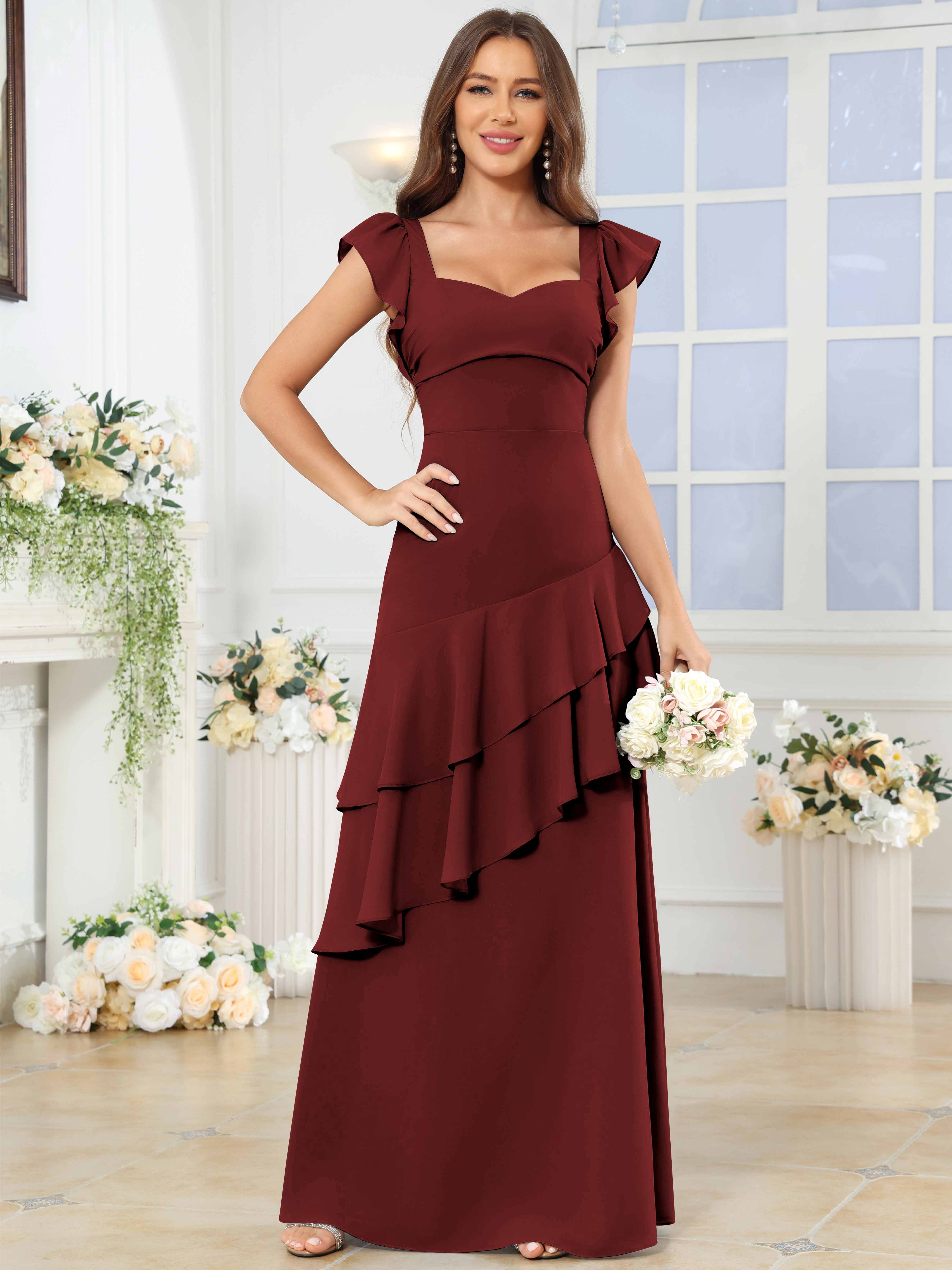 ROVDESY Sweetheart Tiered Ruffle Chiffon Bridesmaid Dress With Short Sleeves