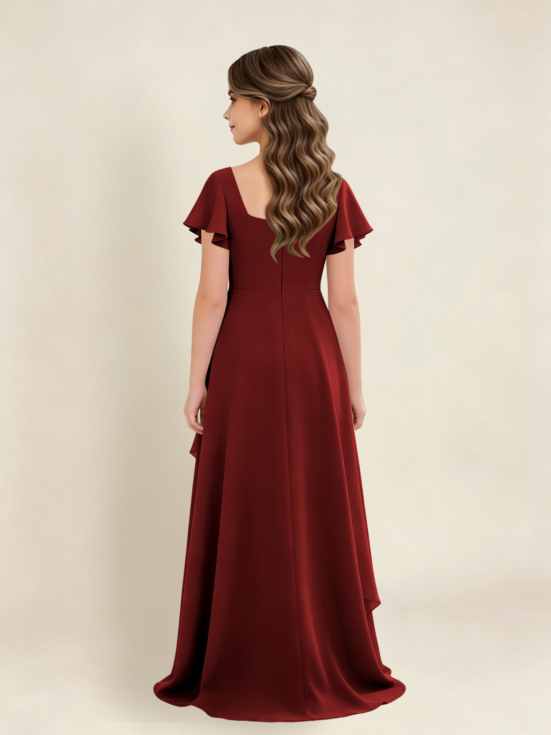 ROVDESY A-Line Square Neck Ruffle Chiffon Junior Bridesmaid Dress With Short Sleeves