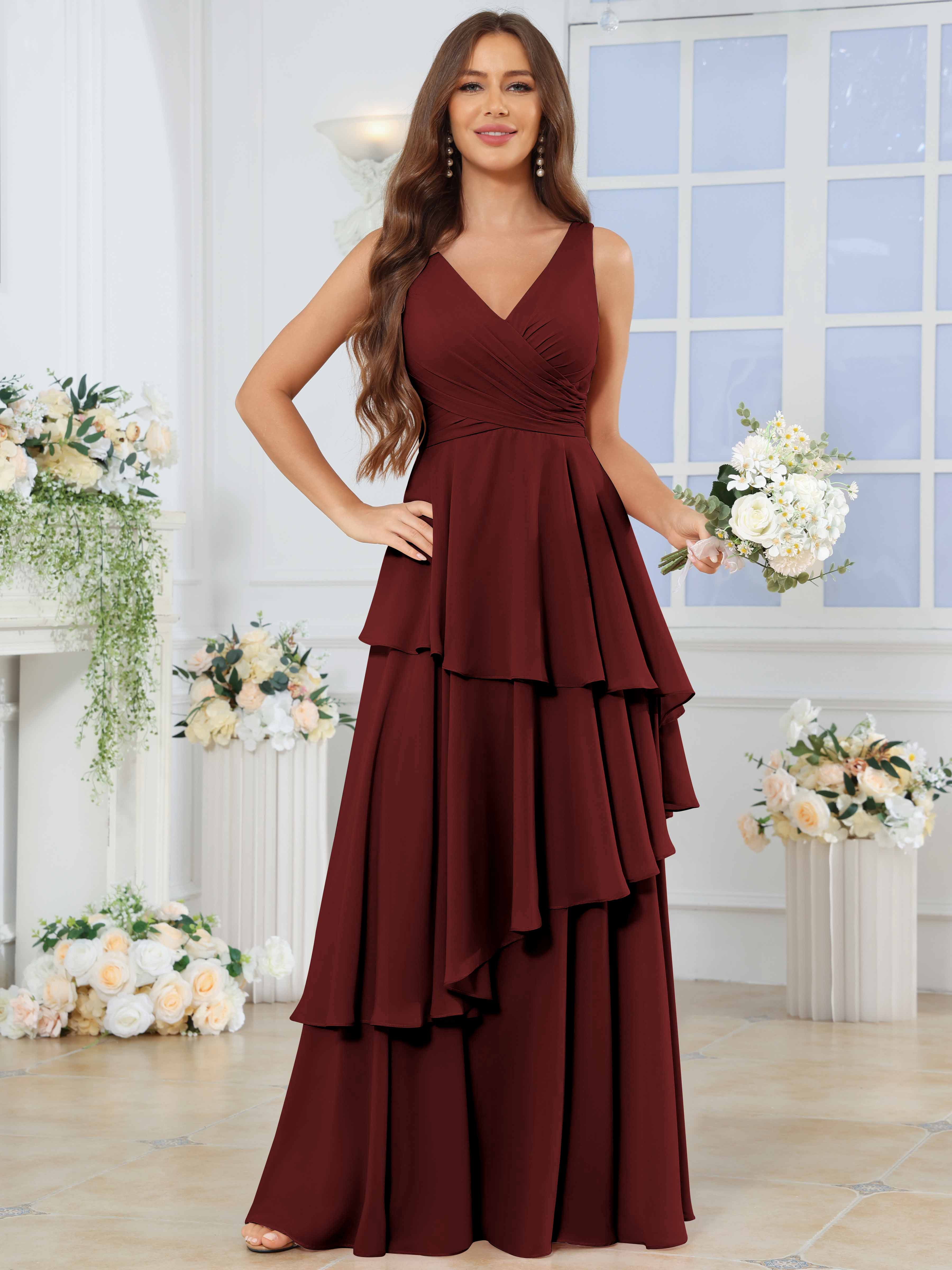 ROVDESY Long Sleeveless V-Neck Tiered Pleated Chiffon Bridesmaid Dress