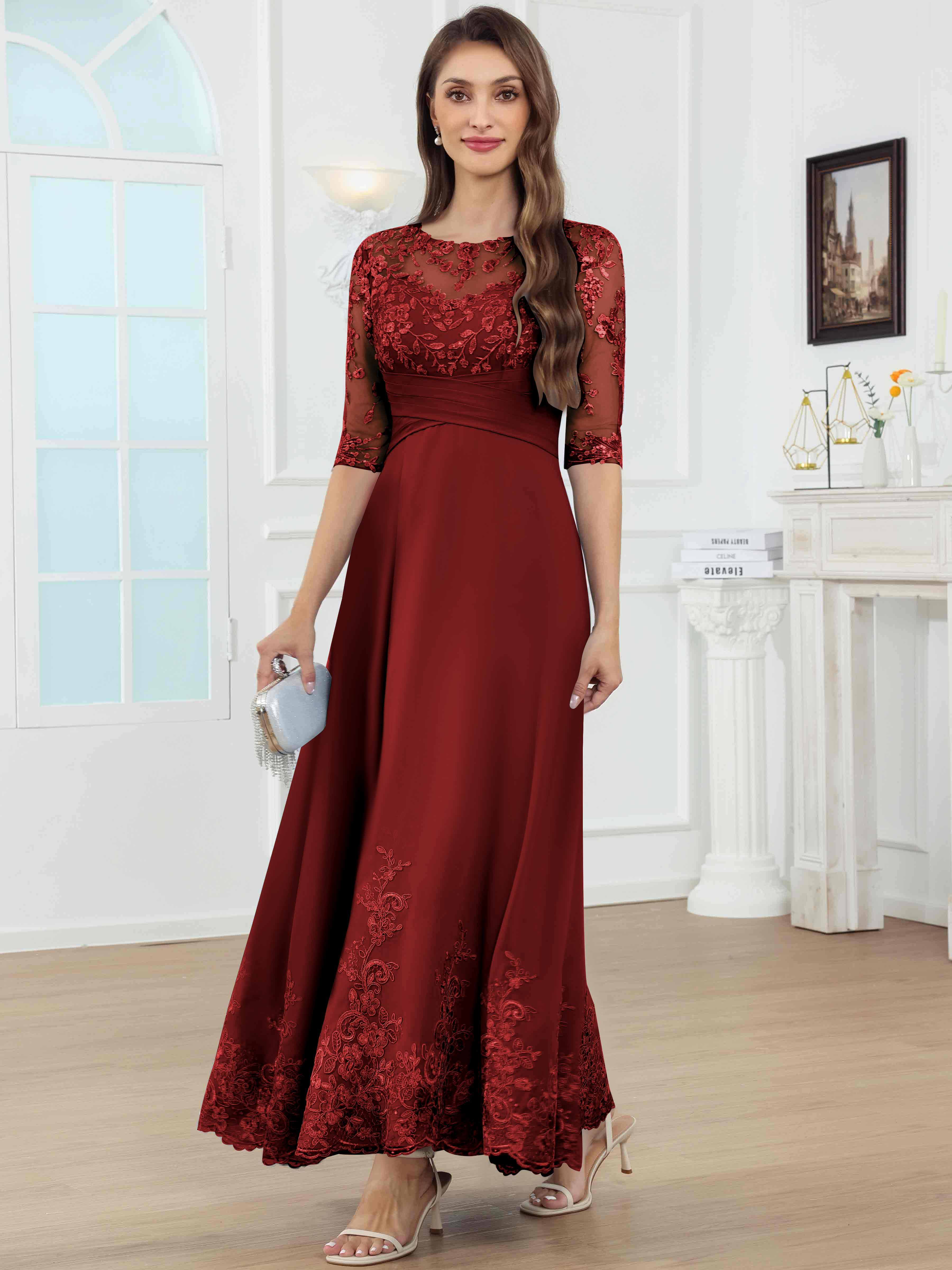 ROVDESY A-Line Lace Sequin Pleated Chiffon Mother Of The Bride Dress With Half Sleeves
