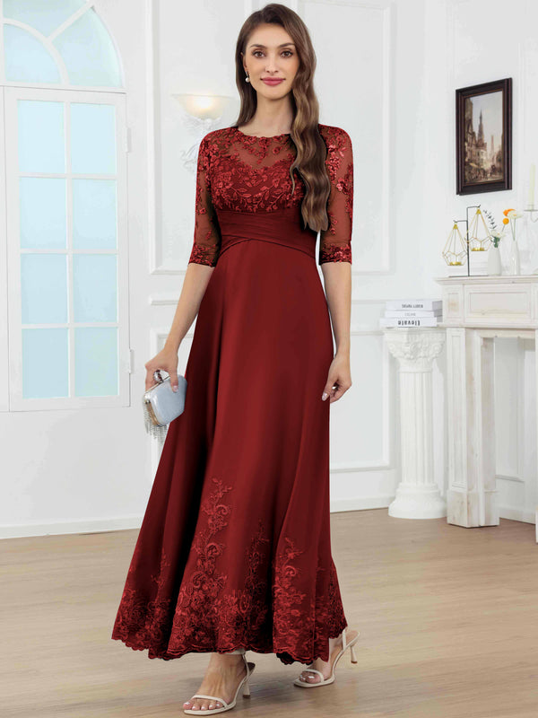 A-Line Lace Sequin Pleated Chiffon Mother Of The Bride Dress With Half Sleeves