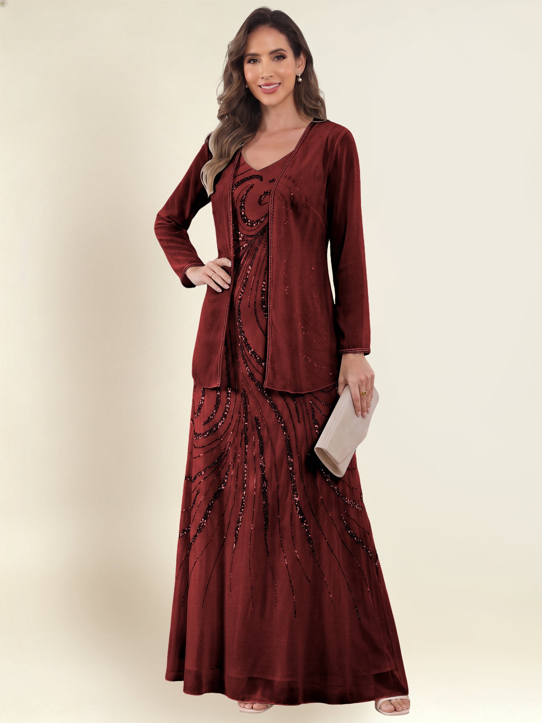 ROVDESY 2 Pieces V-Neck Sequin Chiffon Long Mother Of The Bride Dress With Long Sleeve Jacket