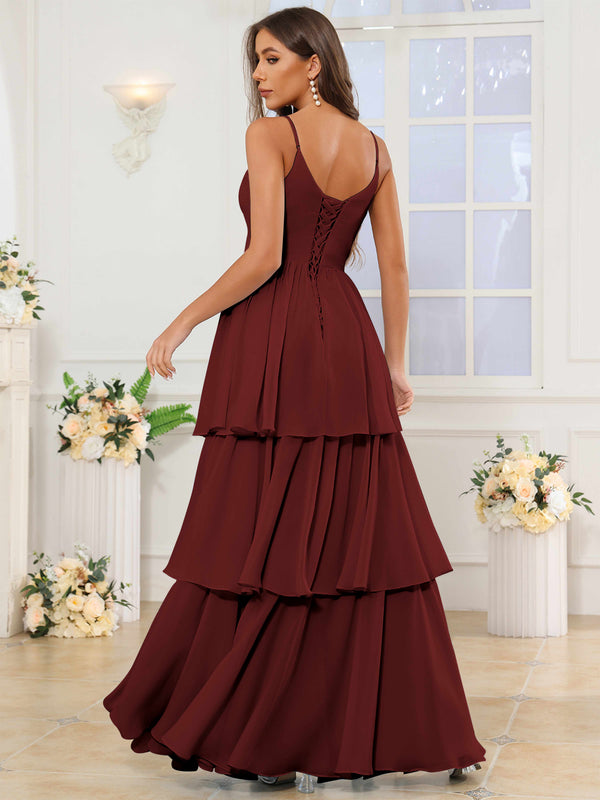 V-Neck Spaghetti Straps Tiered Chiffon Bridesmaid Dress With Ruffles