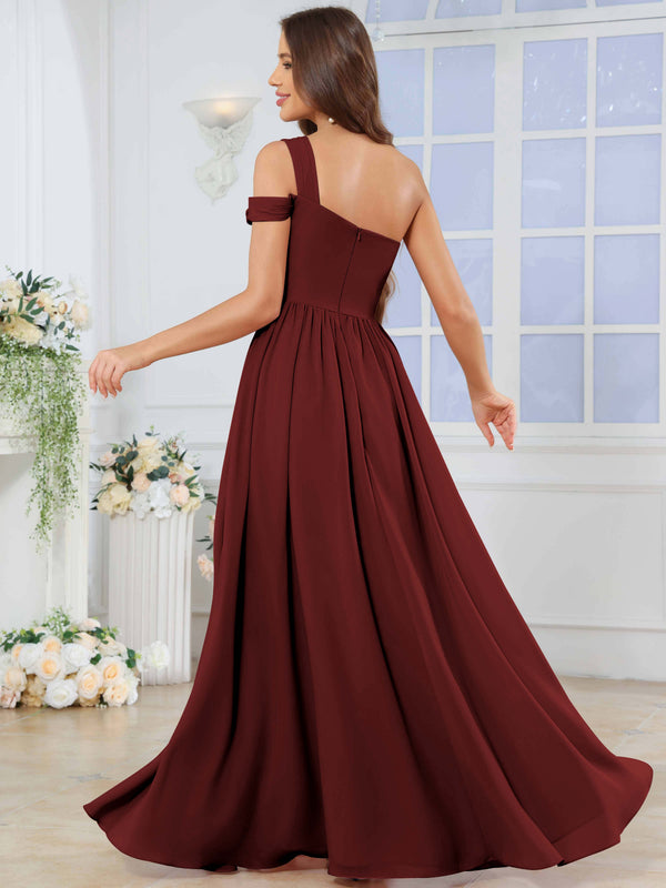 One Shoulder Pleated Chiffon Bridesmaid Dress With Slit