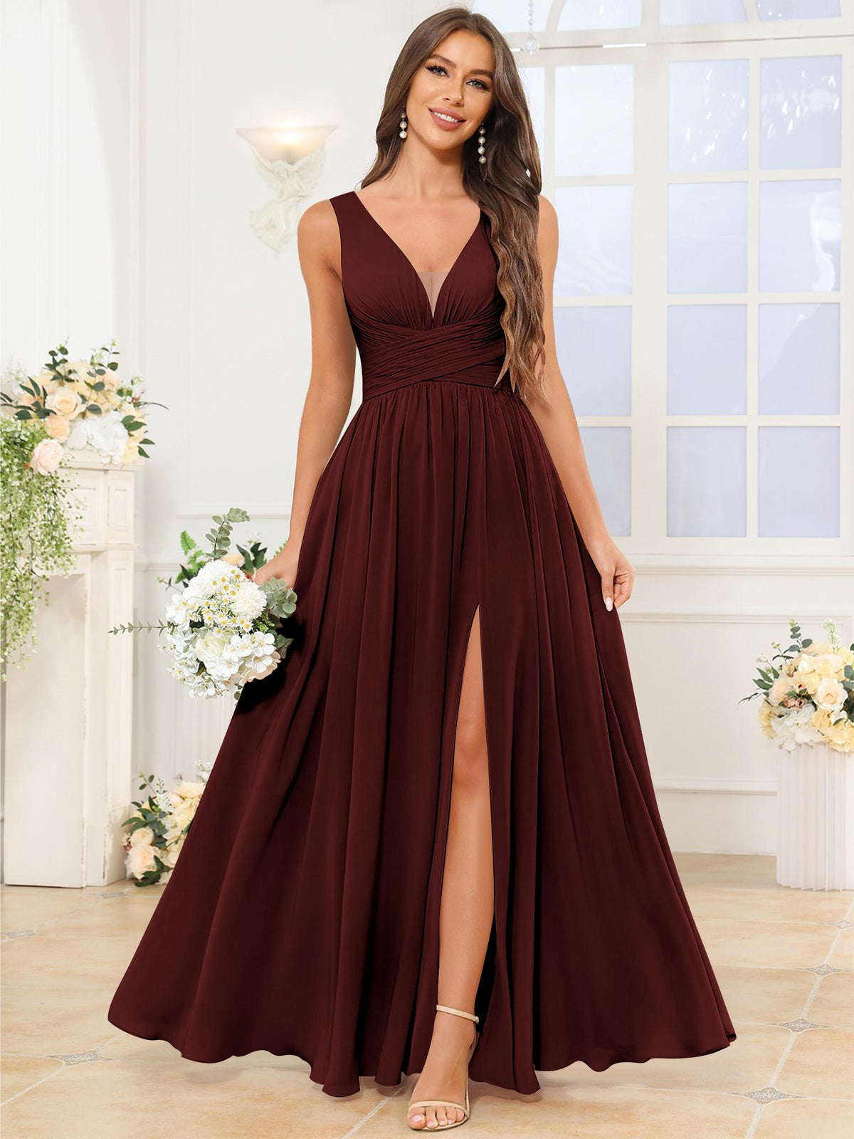 V Neck Chiffon A Line Bridesmaid Dress with Slit