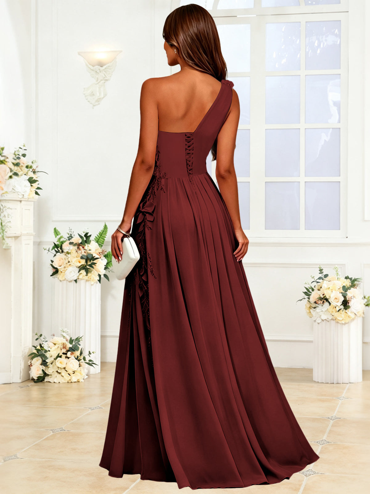 One Shoulder 3D Flower Chiffon Bridesmaid Dress with Slit