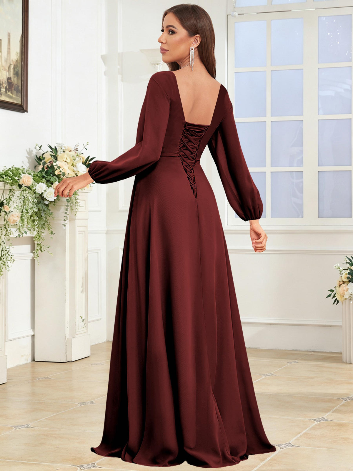 V Neck Chiffon Long Sleeve Bridesmaid Dresses with Slit
