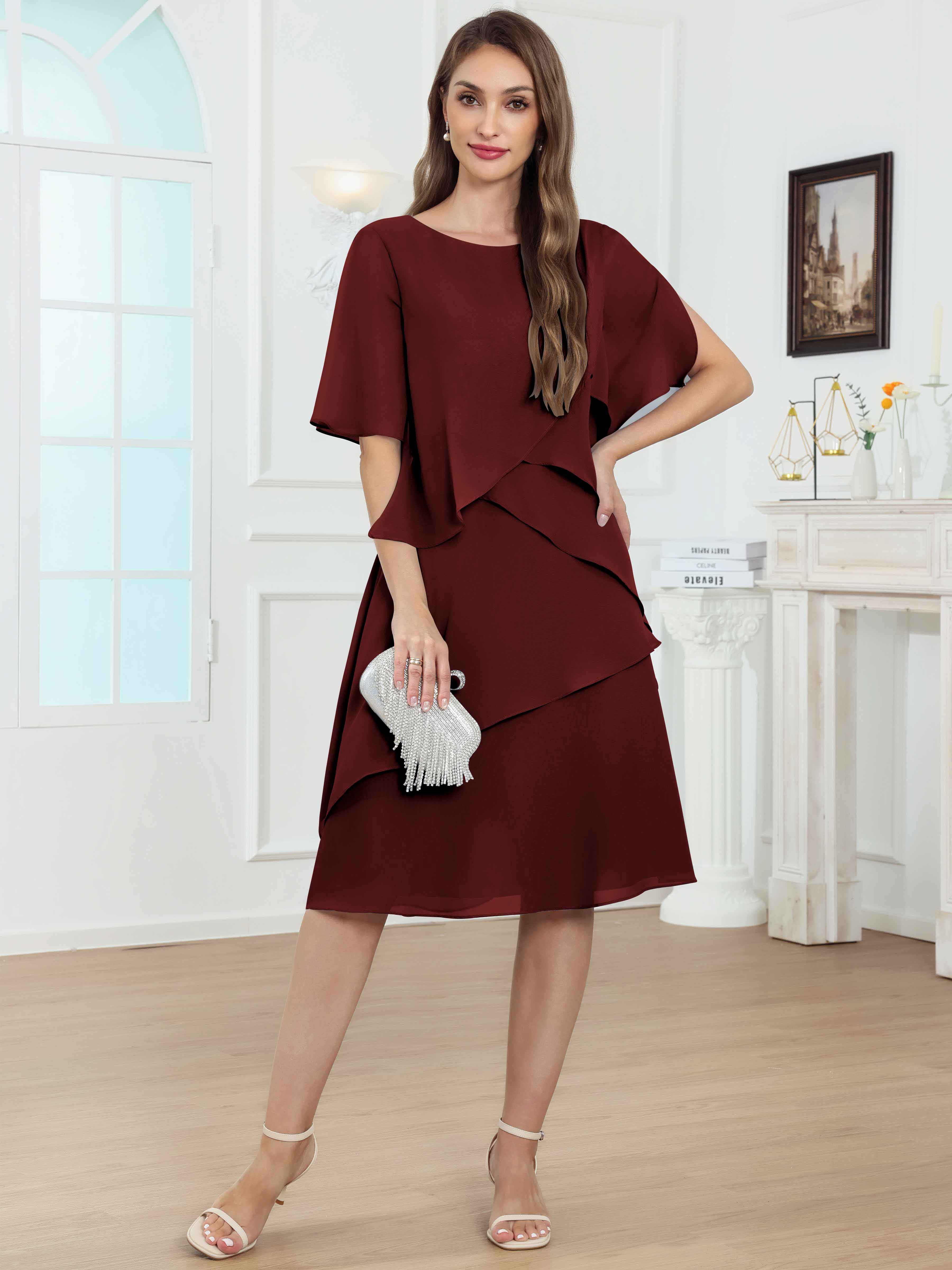 ROVDESY Knee Length Tiered Ruffle Chiffon Mother Of The Bride Dress With Half Sleeves