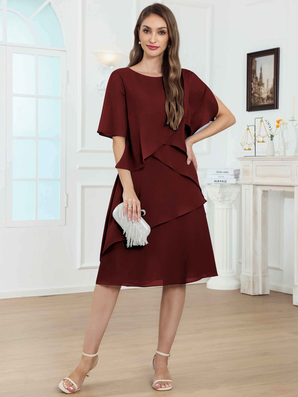 Knee Length Tiered Ruffle Chiffon Mother Of The Bride Dress With Half Sleeves