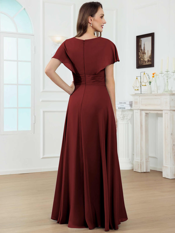 A-Line V-Neck Pleated Lace Chiffon Mother Of The Bride Dress With Short Sleeves