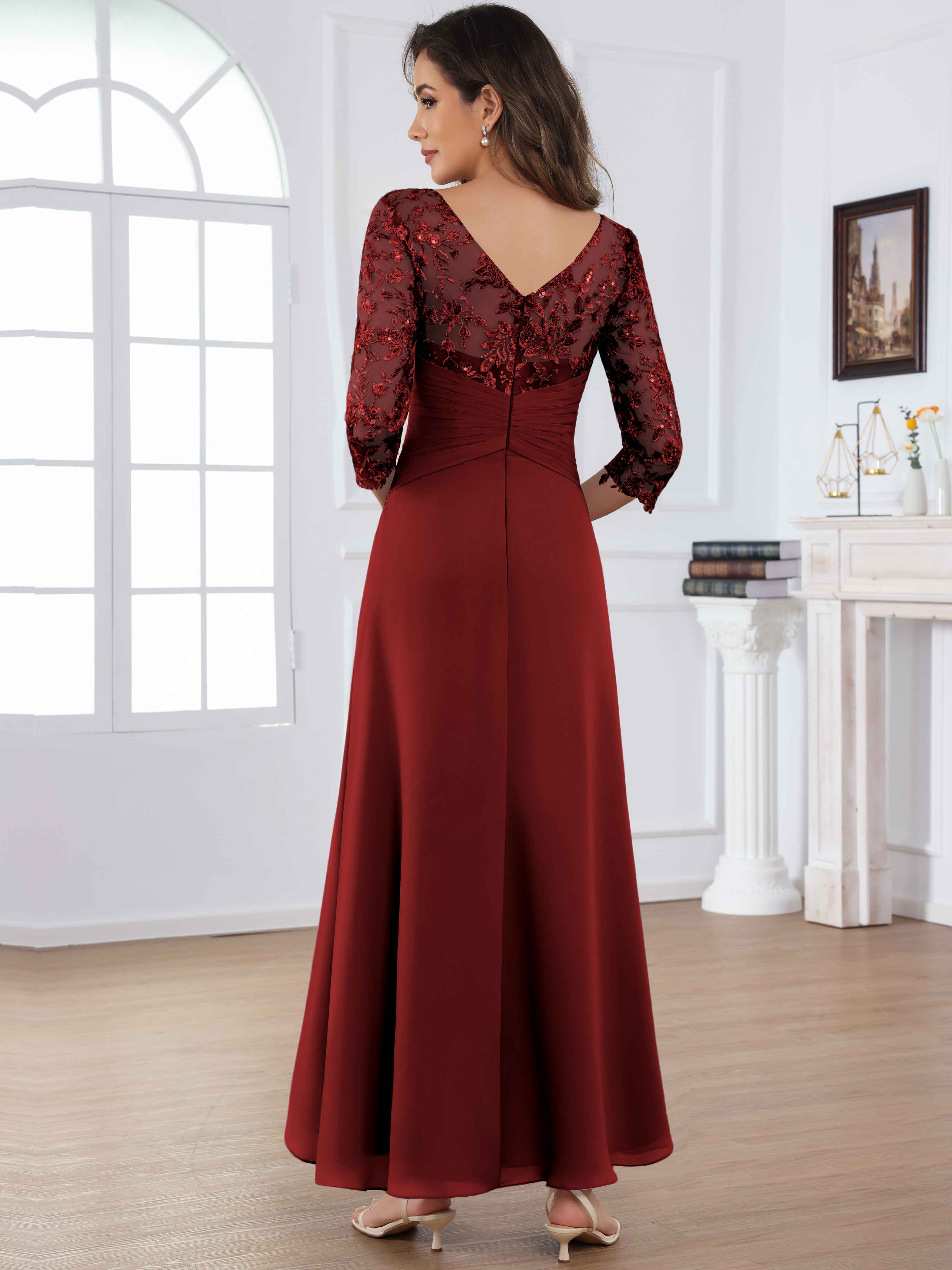 ROVDESY Tea Length Lace Chiffon Mother of The Bride Dress with 3/4 Sleeves