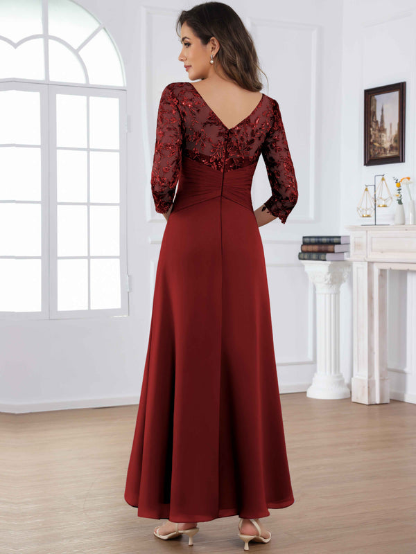 Tea Length Lace Chiffon Mother of The Bride Dress with 3/4 Sleeves