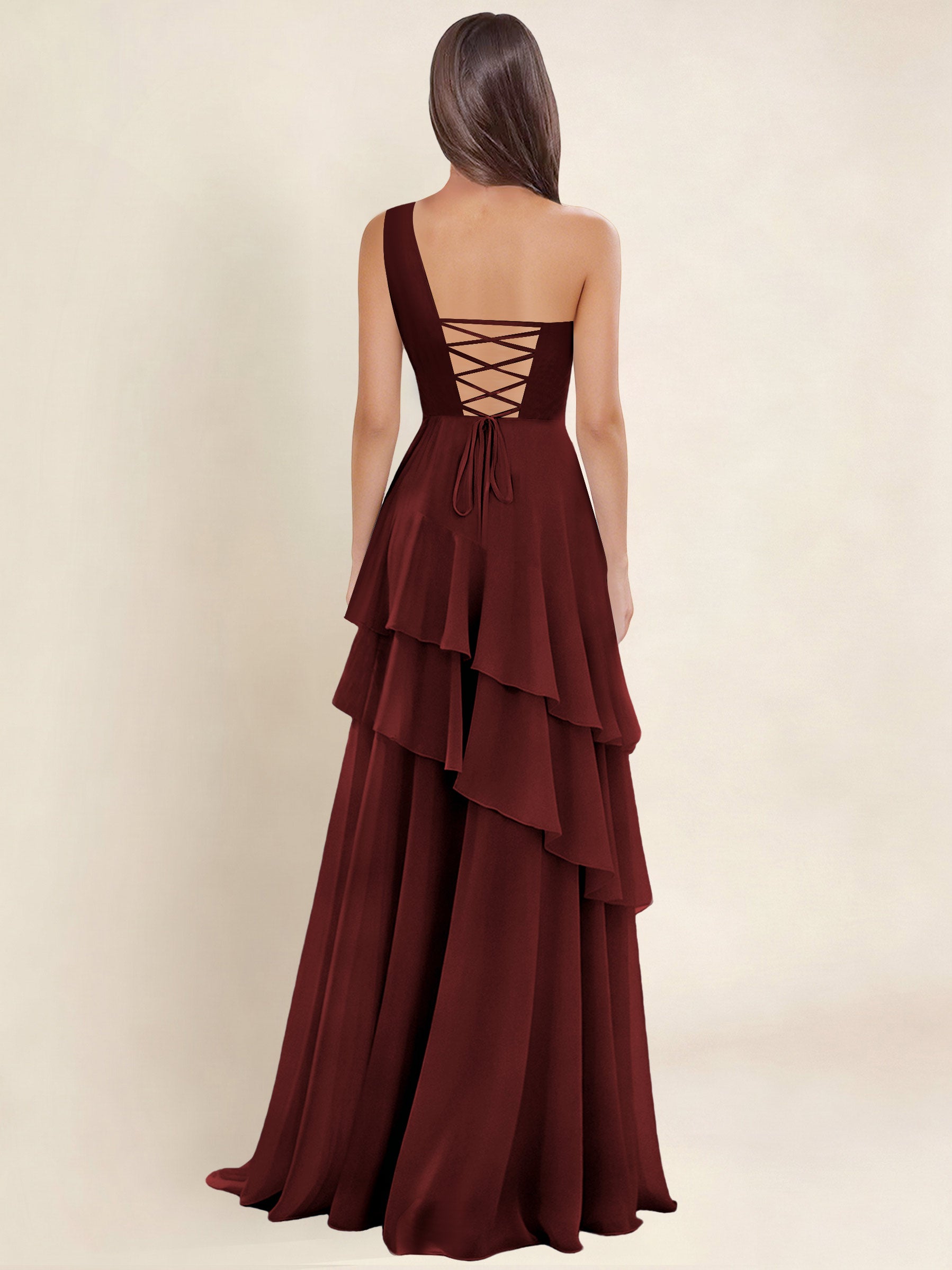 ROVDESY A-Line One Shoulder Pleated Tiered Chiffon Bridesmaid Dress