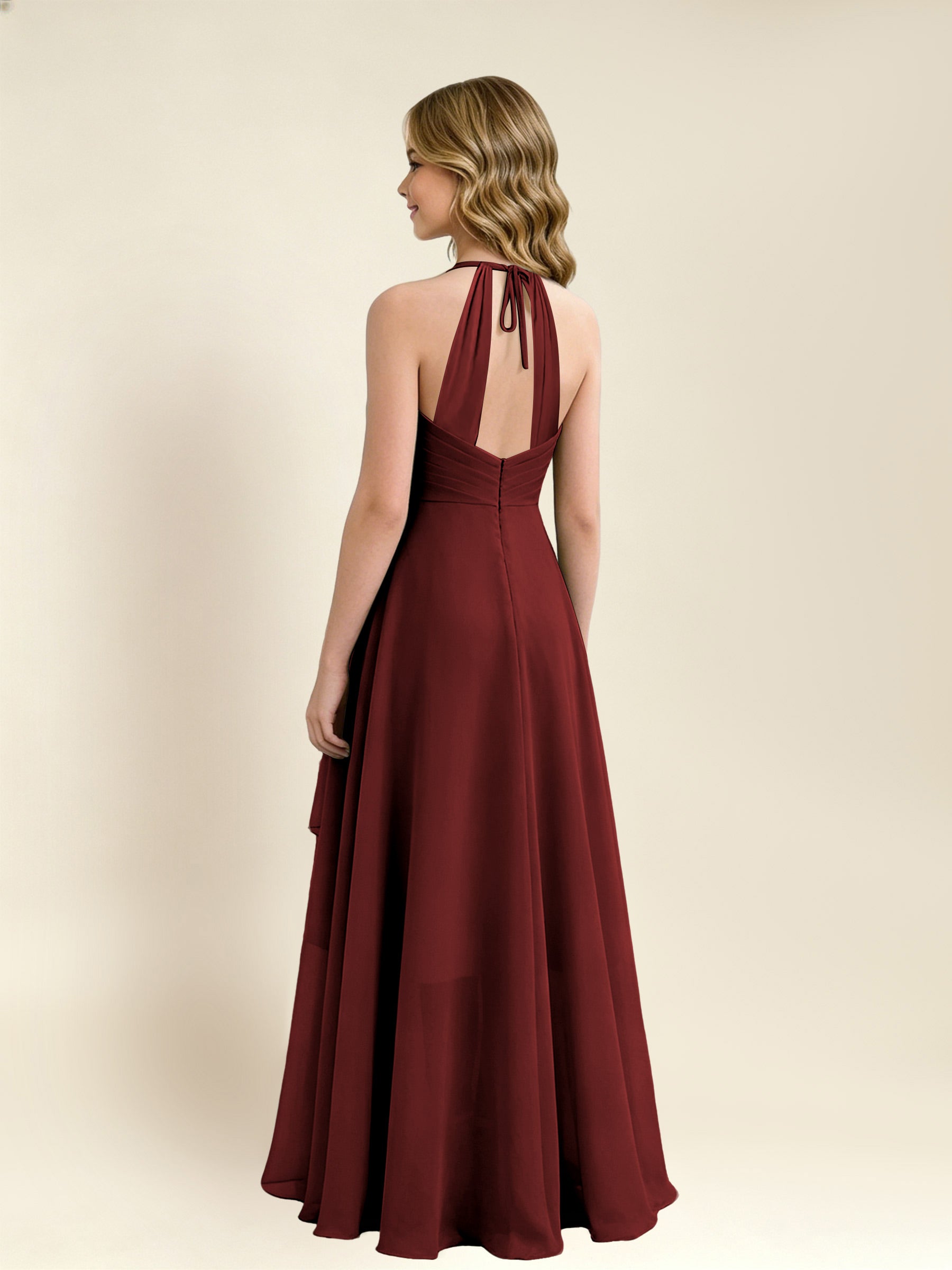 ROVDESY A-Line Halter Pleated Chiffon Junior Bridesmaid Dress