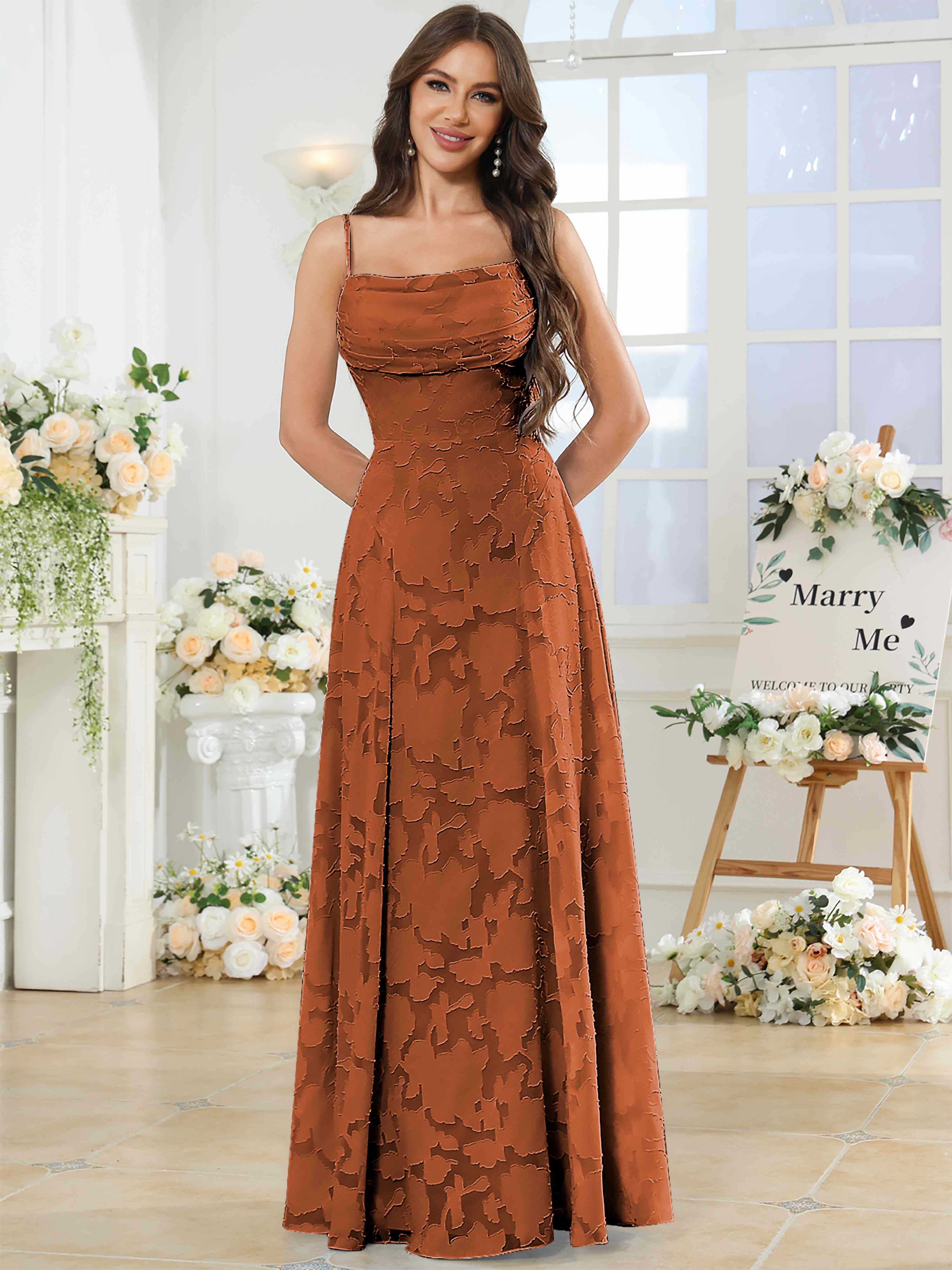 ROVDESY Cowl Chiffon Jacquard Bridesmaid/Prom Dress