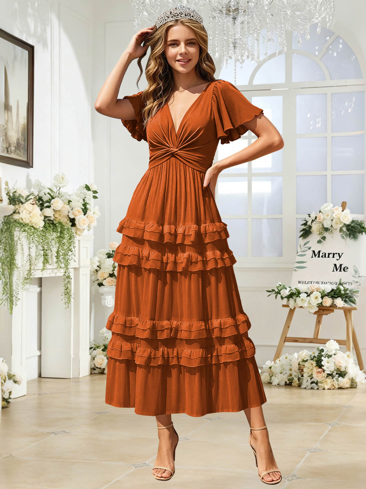 A Line Chiffon Pleated Bridesmaid Dress with Sleeves