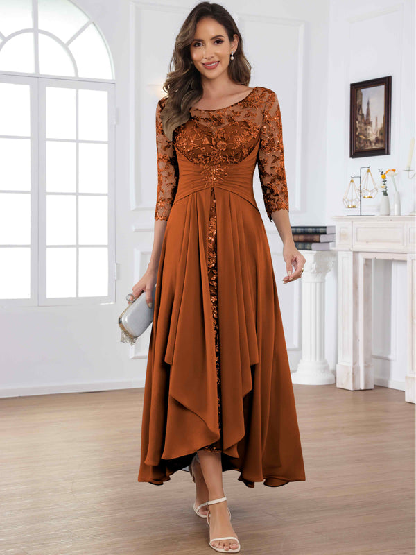 Tea Length Lace Chiffon Mother of The Bride Dress with 3/4 Sleeves