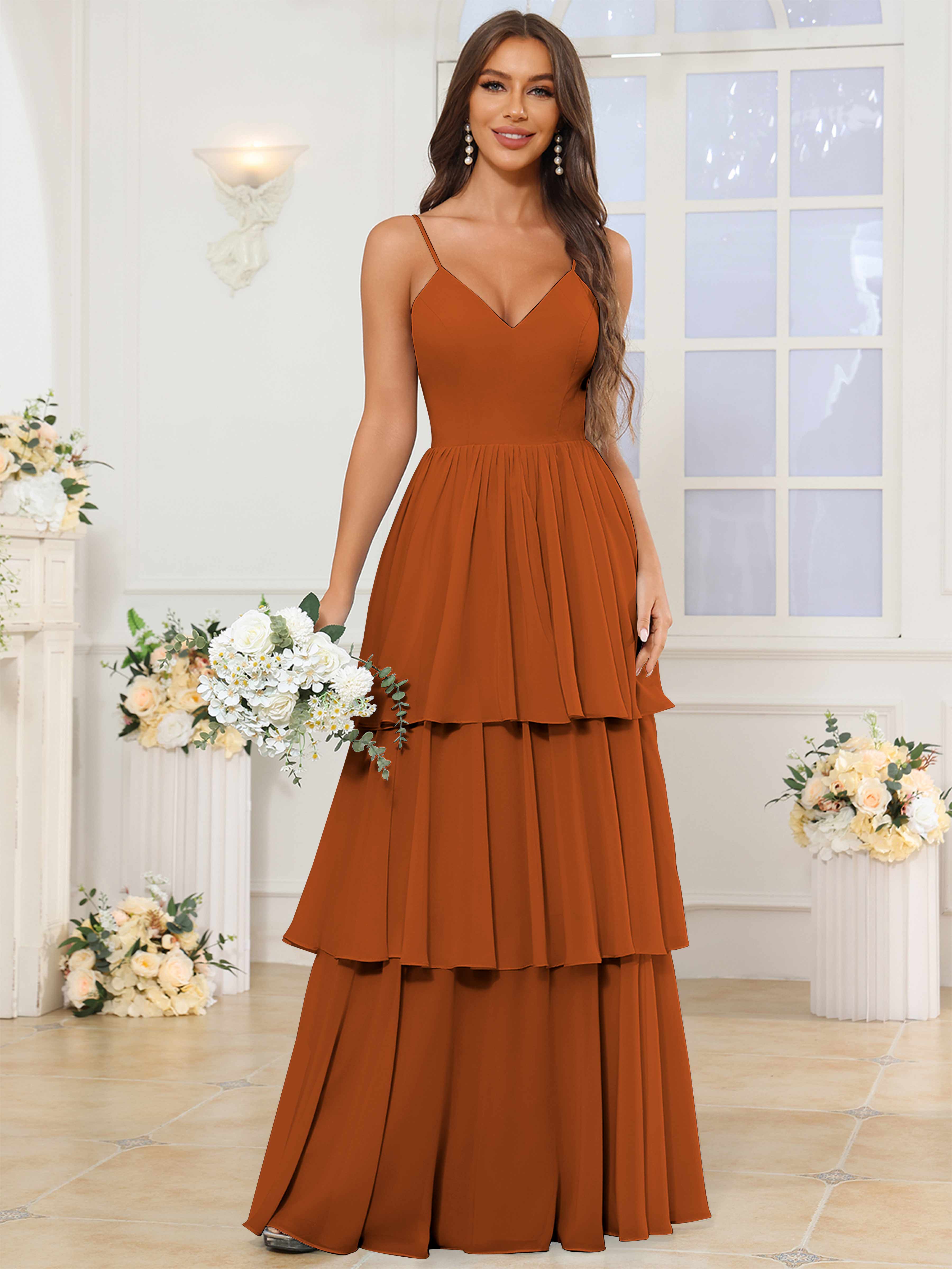 ROVDESY V-Neck Spaghetti Straps Tiered Chiffon Bridesmaid Dress With Ruffles