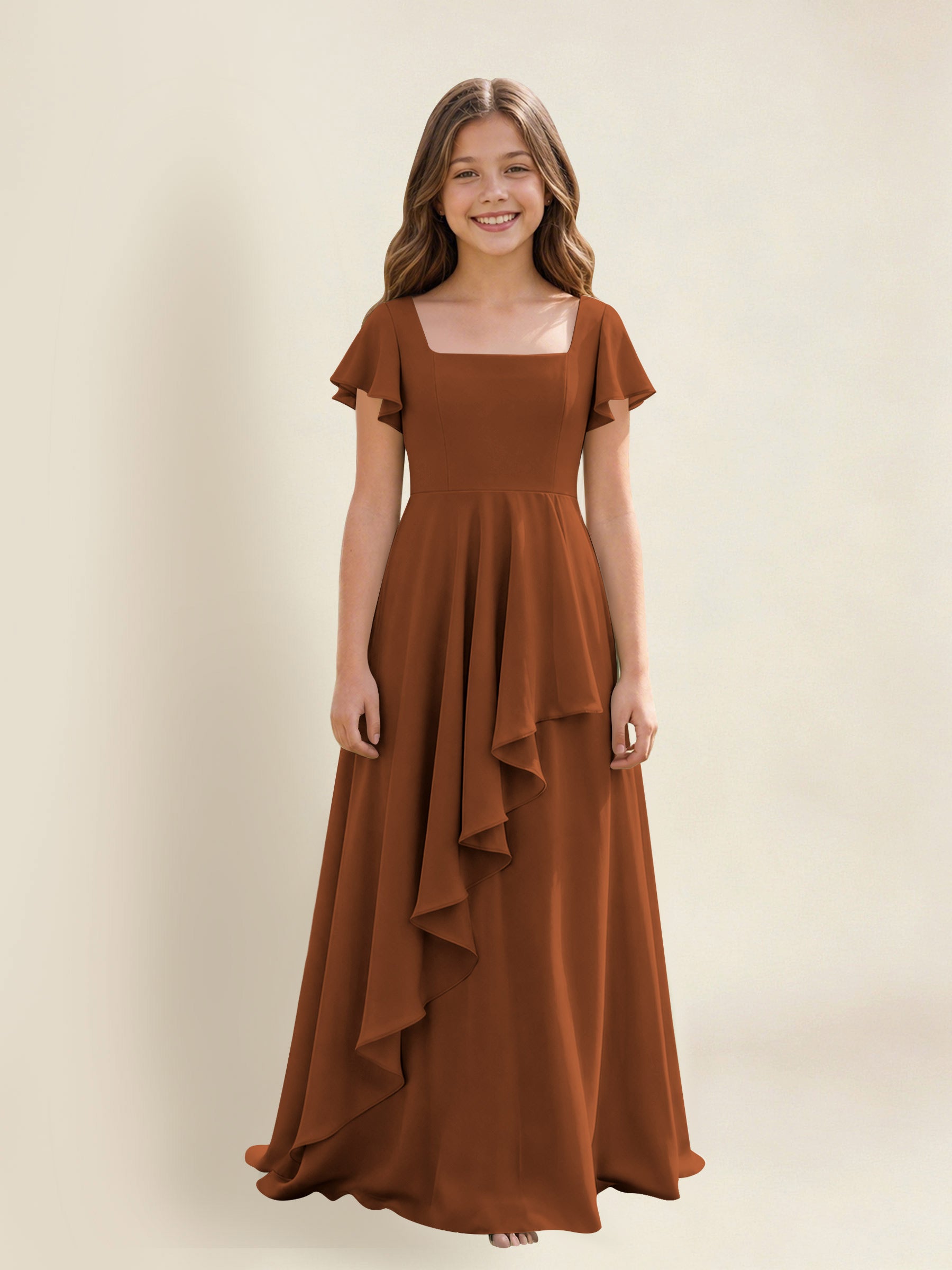 ROVDESY A-Line Square Neck Ruffle Chiffon Junior Bridesmaid Dress With Short Sleeves