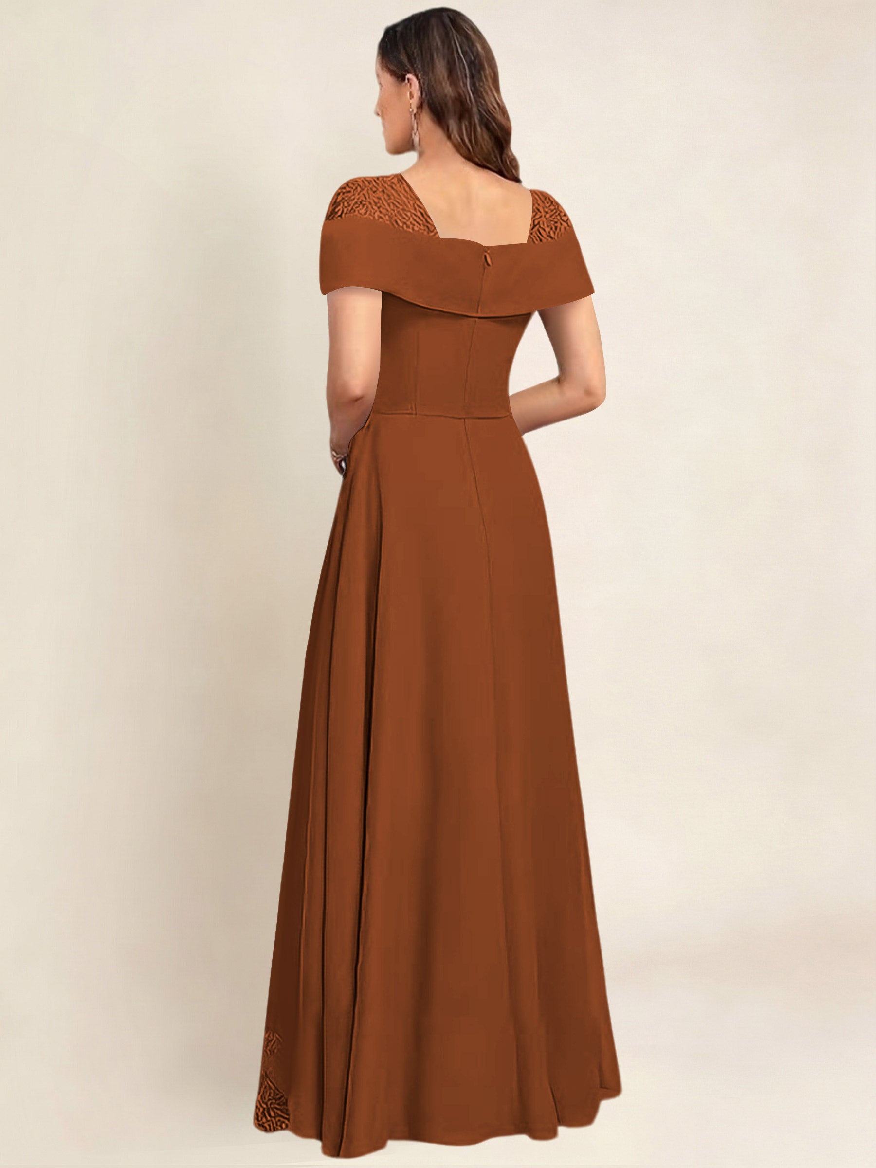 ROVDESY A-Line Off The Shoulder Lace Chiffon Long Mother of the Bride Dress Formal Gown