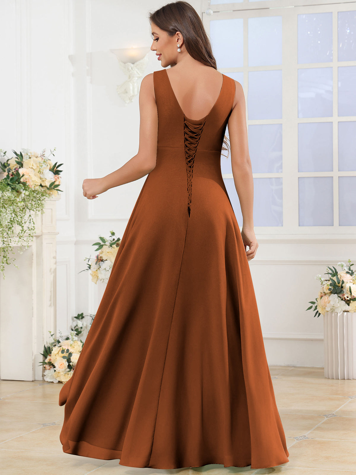 V Neck Chiffon A Line Ruffle Bridesmaid Dress with Slit