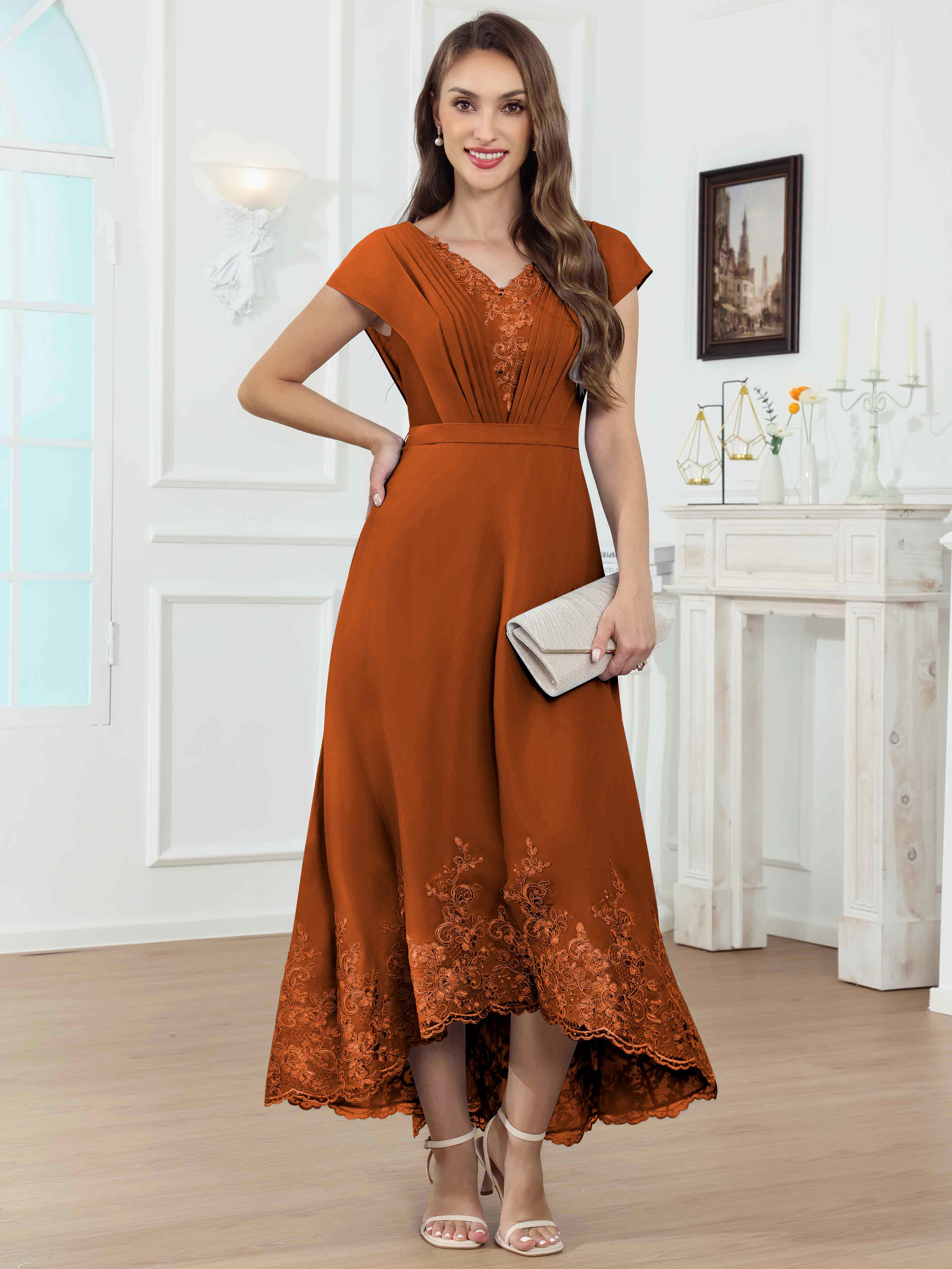 ROVDESY Tea Length High-Low V-Neck Ruched Lace Chiffon Mother of The Bride Dress for Women